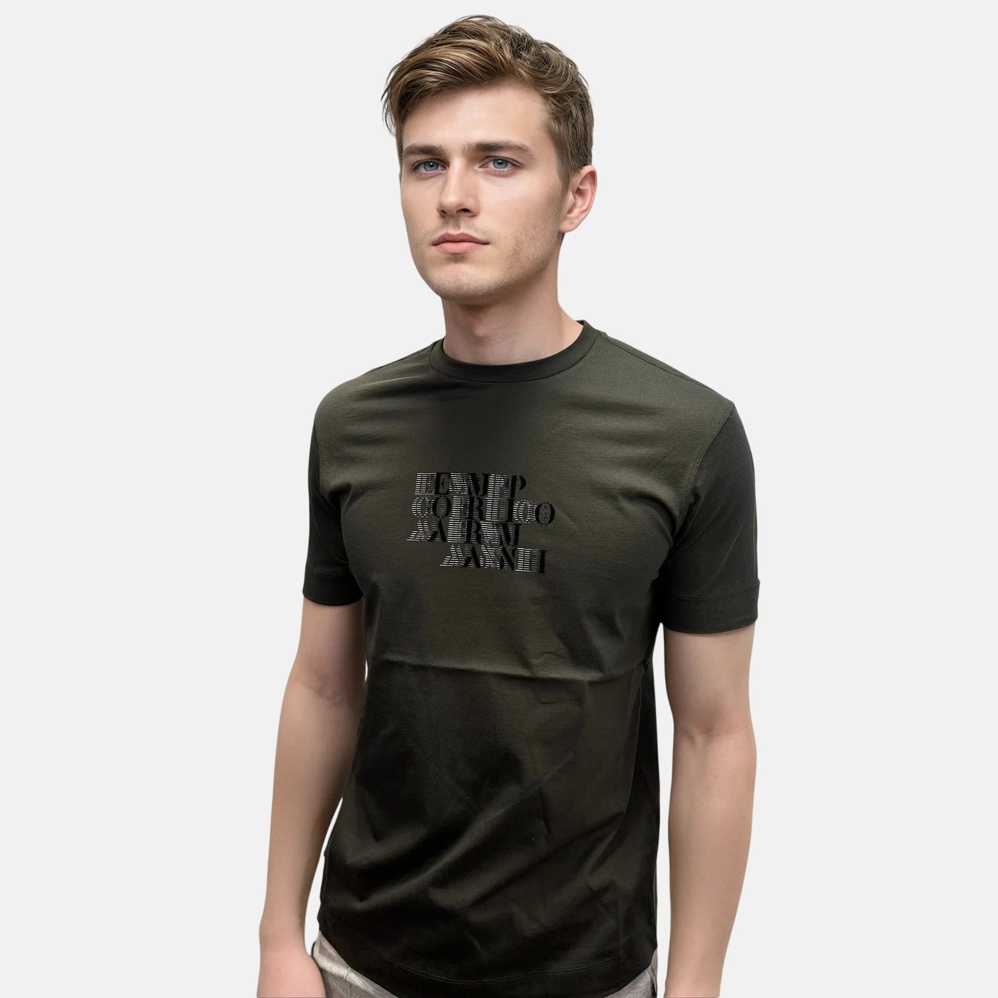 Emporio Armani Velvet Writing Logo Mercerised T-Shirt Khaki Green | Studio DOS