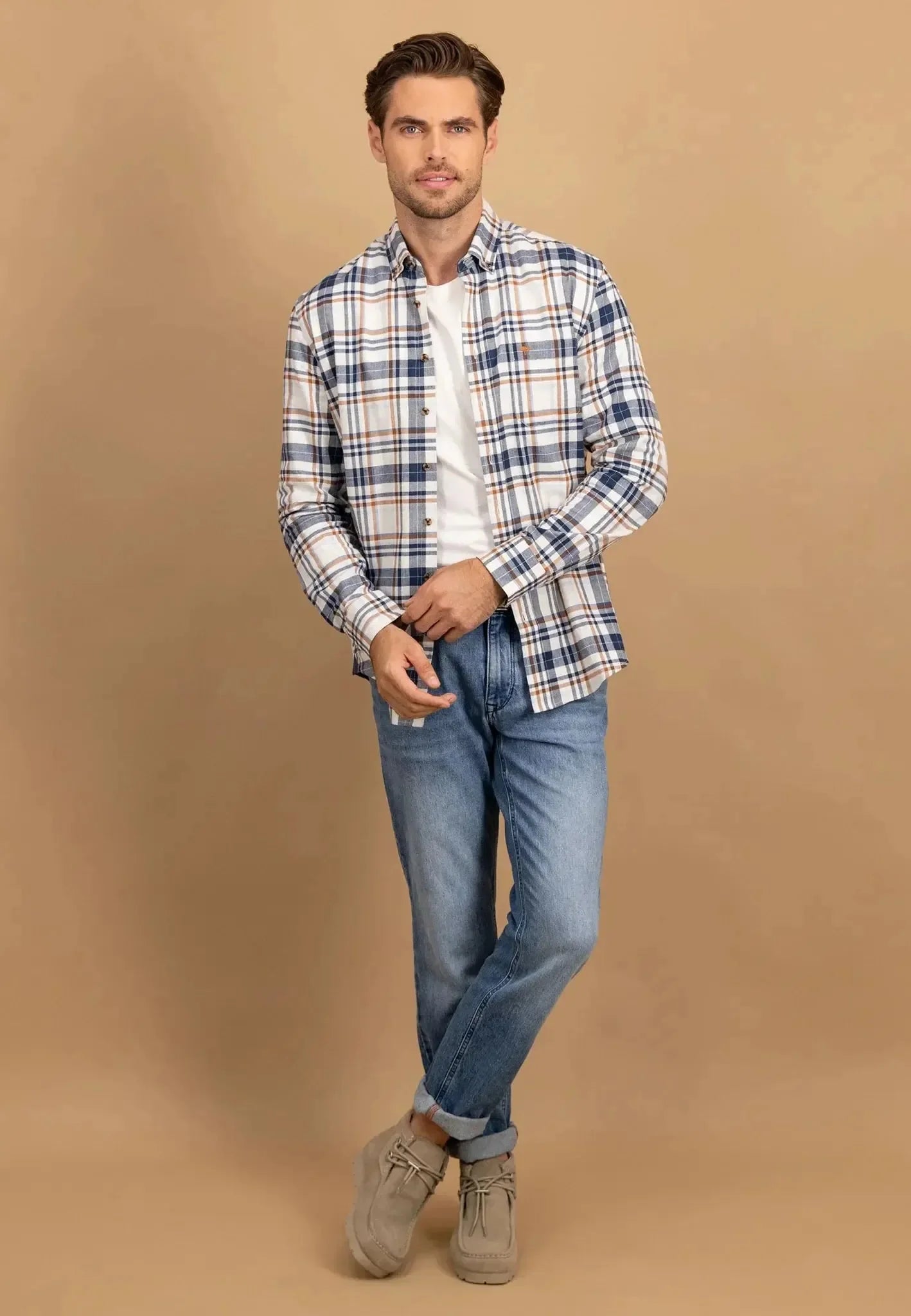 Fynch-Hatton Herringbone Check Button Down Shirt Misty Blue