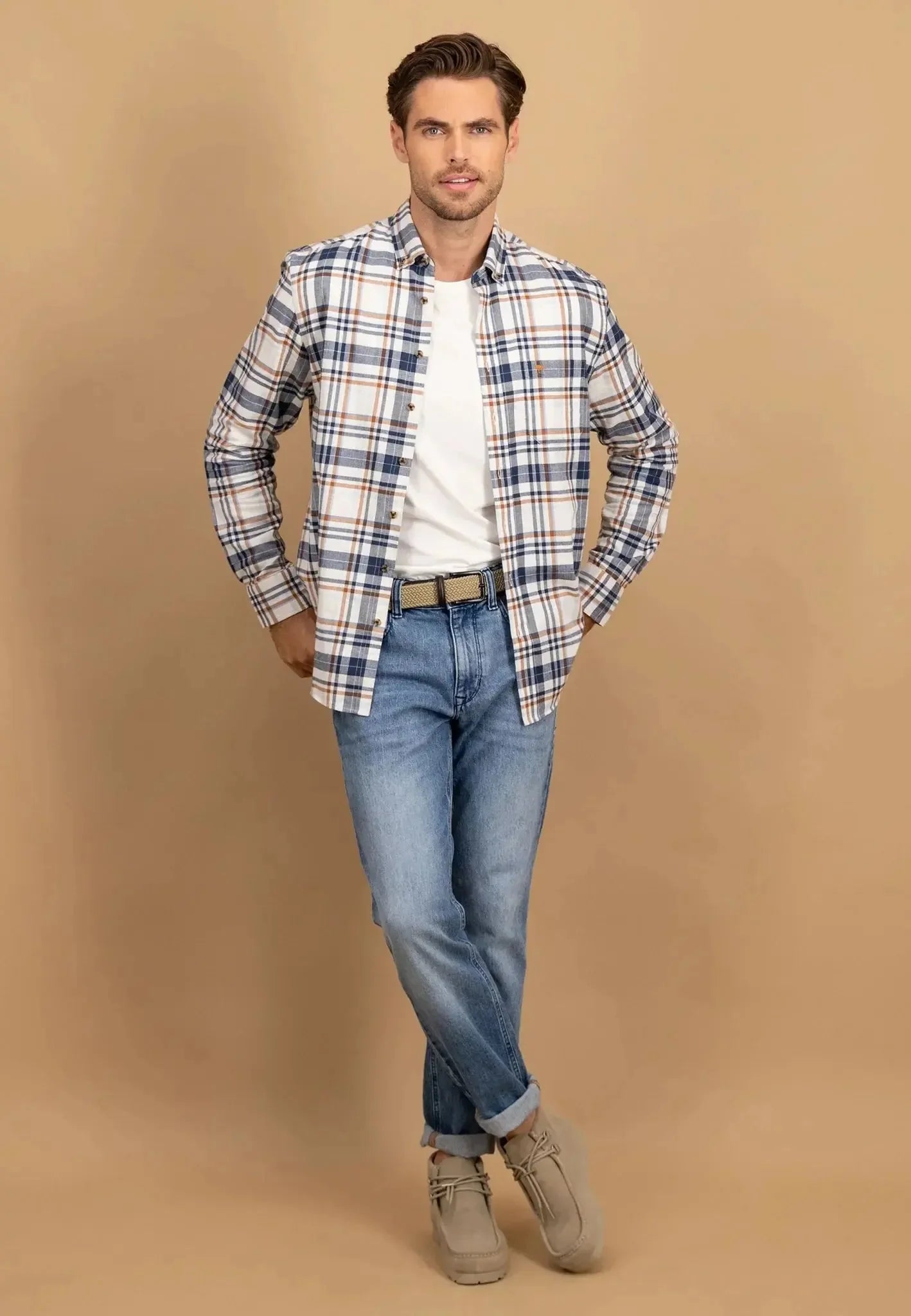 Fynch-Hatton Herringbone Check Button Down Shirt Misty Blue
