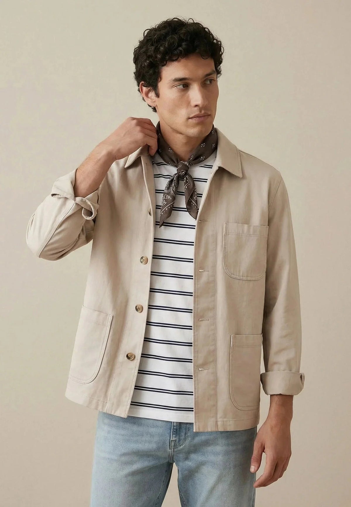 Fynch-Hatton Linen Blend Twill Worker Jacket Overshirt Stone | Studio DOS