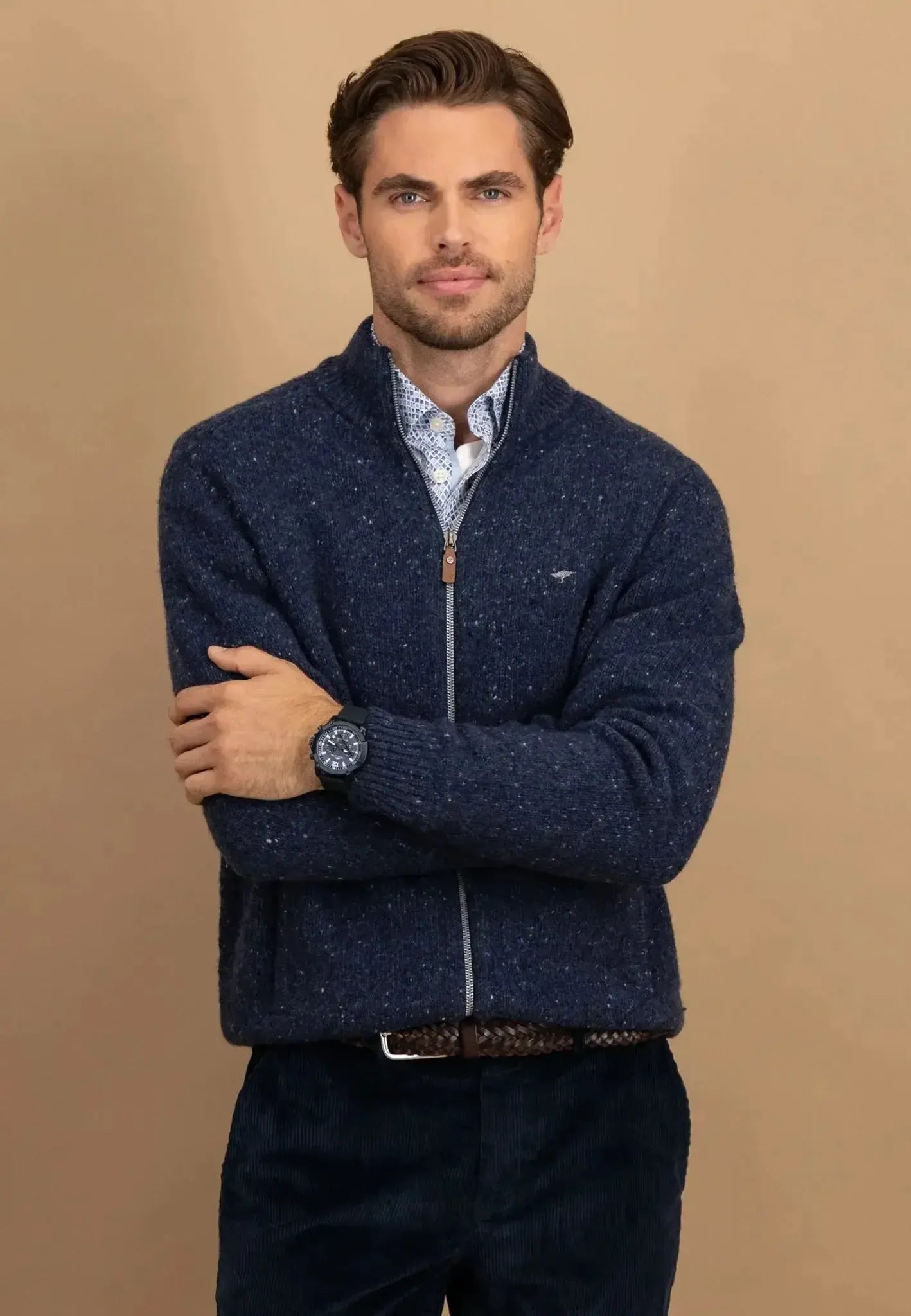 Fynch - Hatton Mens Donegal Wool Zip Cardigan Navy | Studio DOS