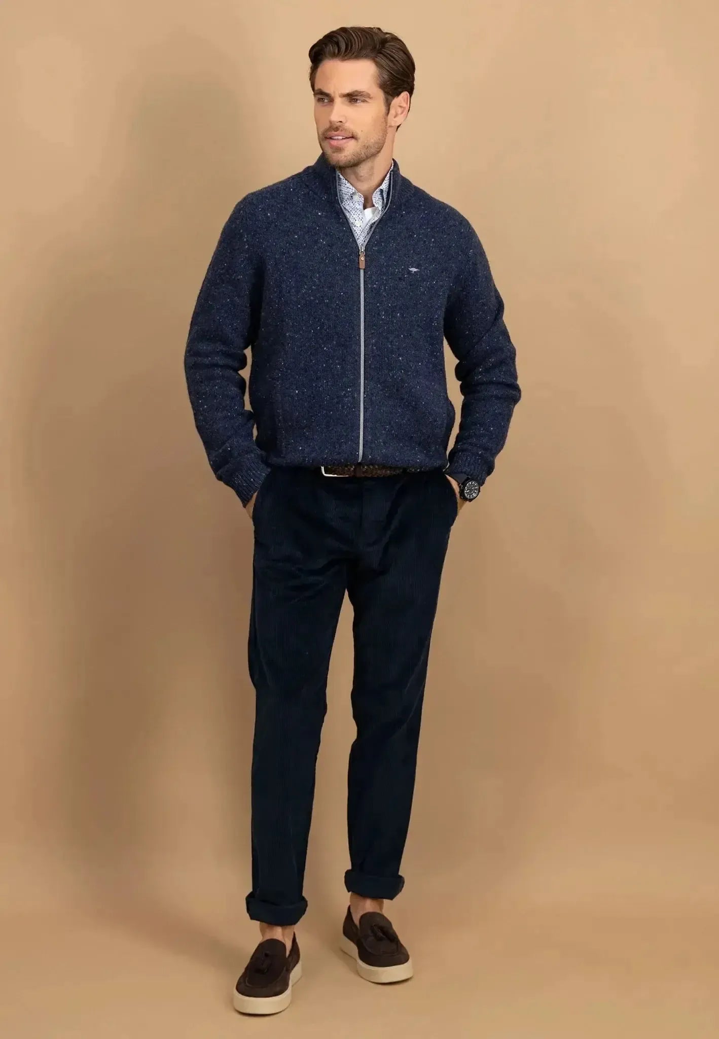 Fynch - Hatton Mens Donegal Wool Zip Cardigan Navy | Studio DOS