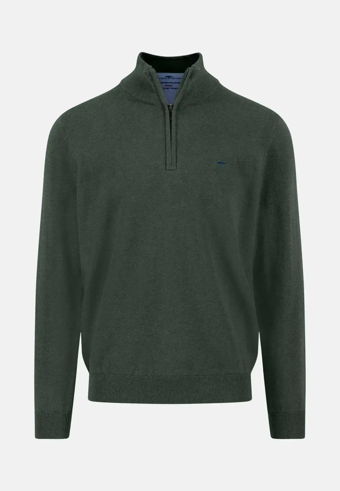 Fynch-Hatton Mens Fine Knit Cotton 1/4 Zip Dark Ivy-Designer Outlet Sales