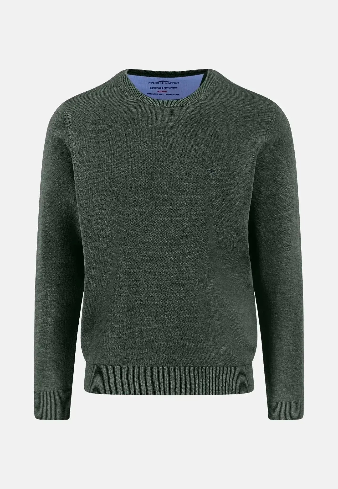 Fynch - Hatton Mens Fine Knit Cotton Crewneck Dark Ivy | Studio DOS