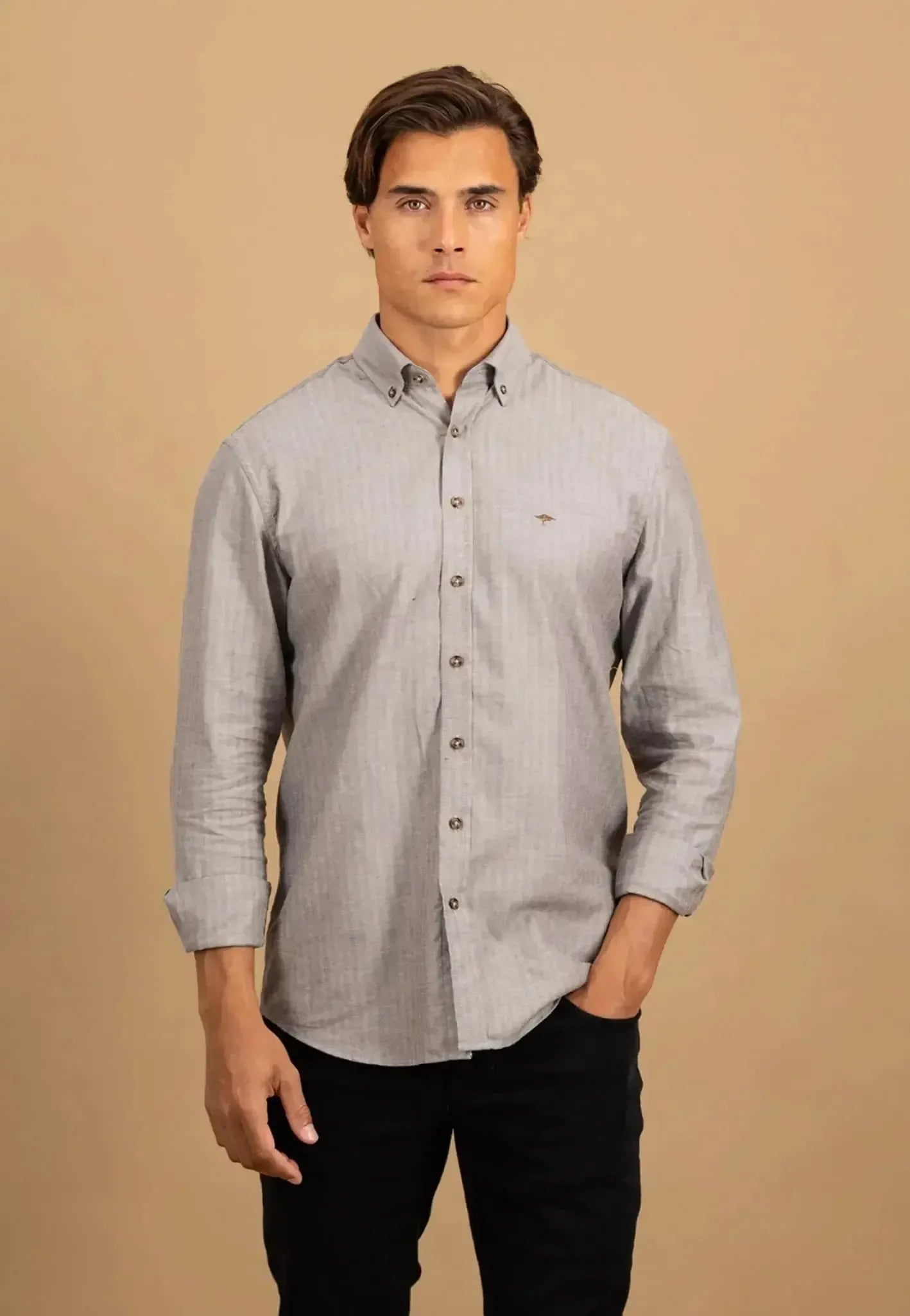 Fynch - Hatton Mens Herringbone Flannel Button Down Shirt Dark Chocolate | Studio DOS