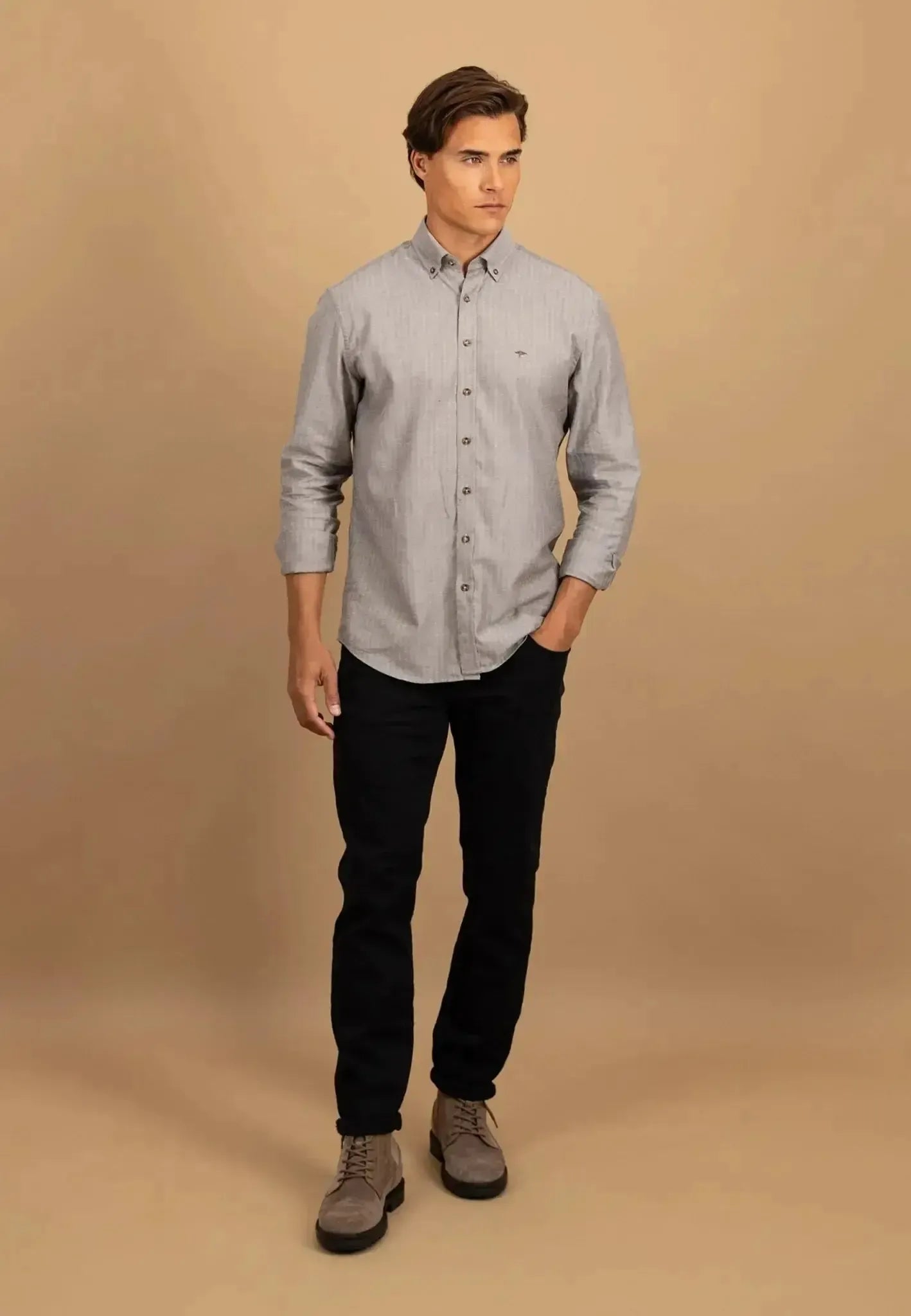 Fynch - Hatton Mens Herringbone Flannel Button Down Shirt Dark Chocolate | Studio DOS