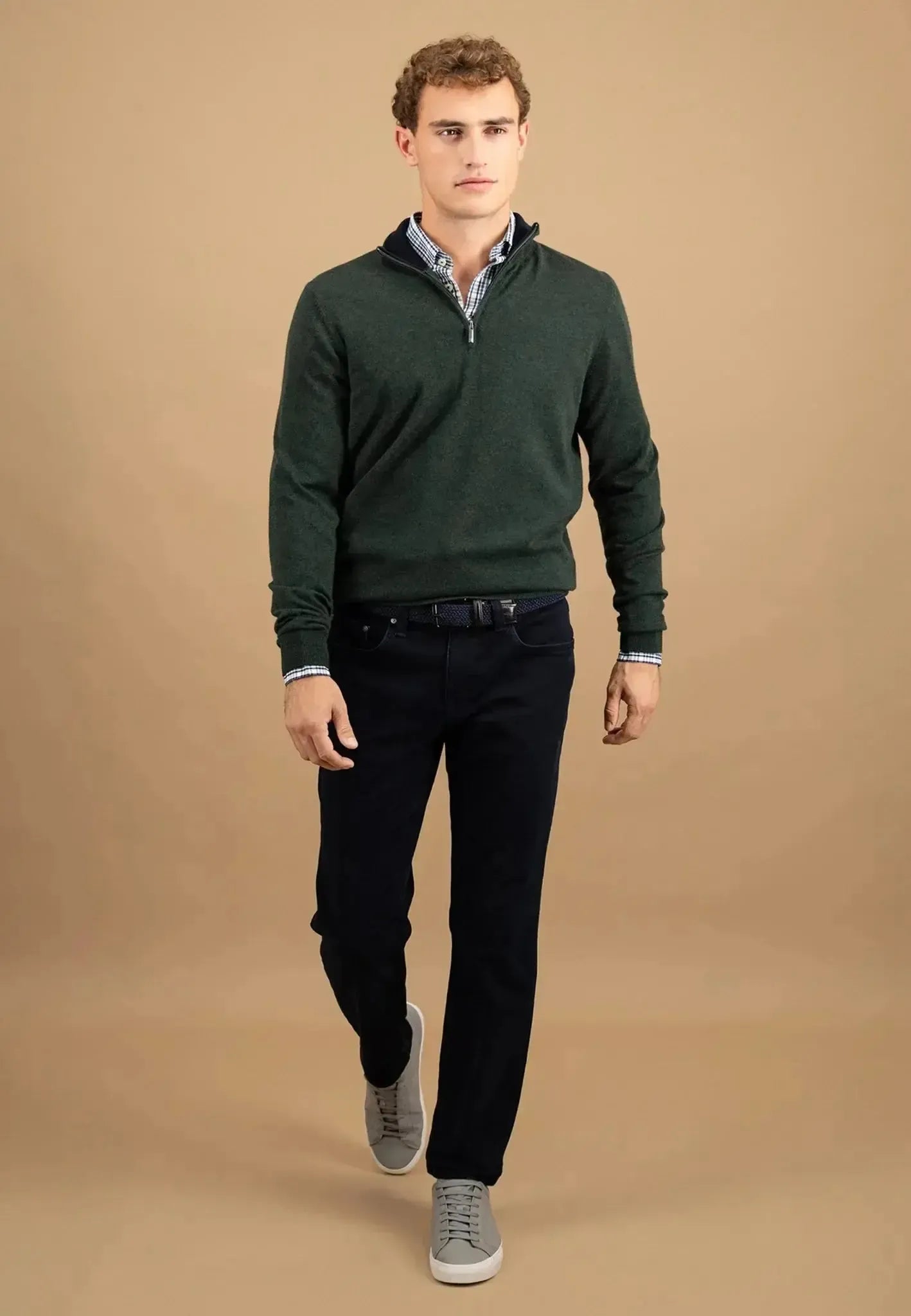 Fynch - Hatton Mens Merino Wool Cashmere 1/4 Zip Knit Dark Ivy | Studio DOS