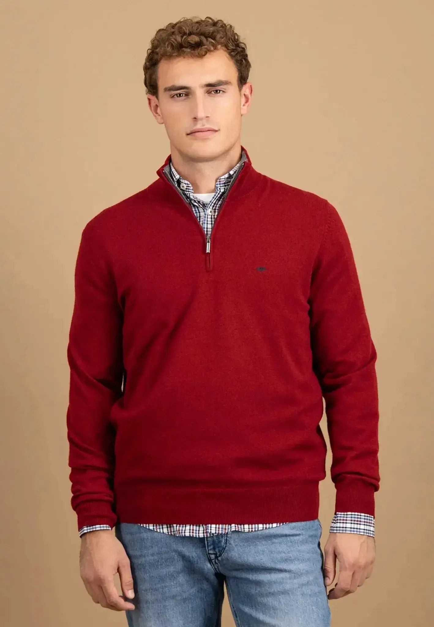 Fynch - Hatton Mens Merino Wool Cashmere 1/4 Zip Knit Garnet Red | Studio DOS
