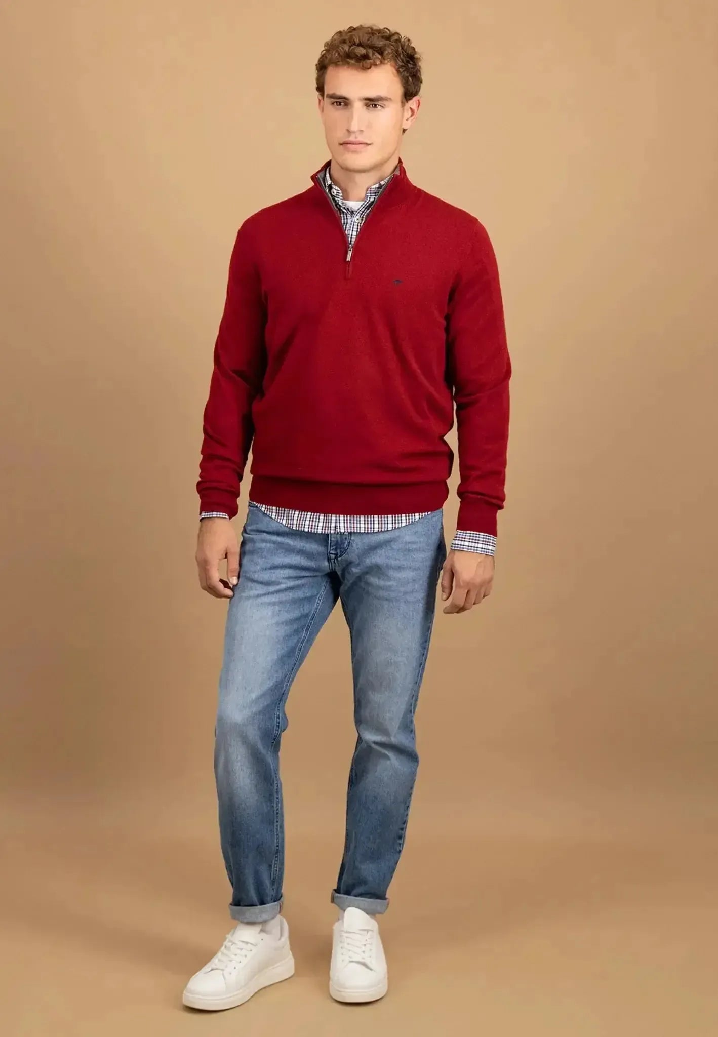 Fynch - Hatton Mens Merino Wool Cashmere 1/4 Zip Knit Garnet Red | Studio DOS