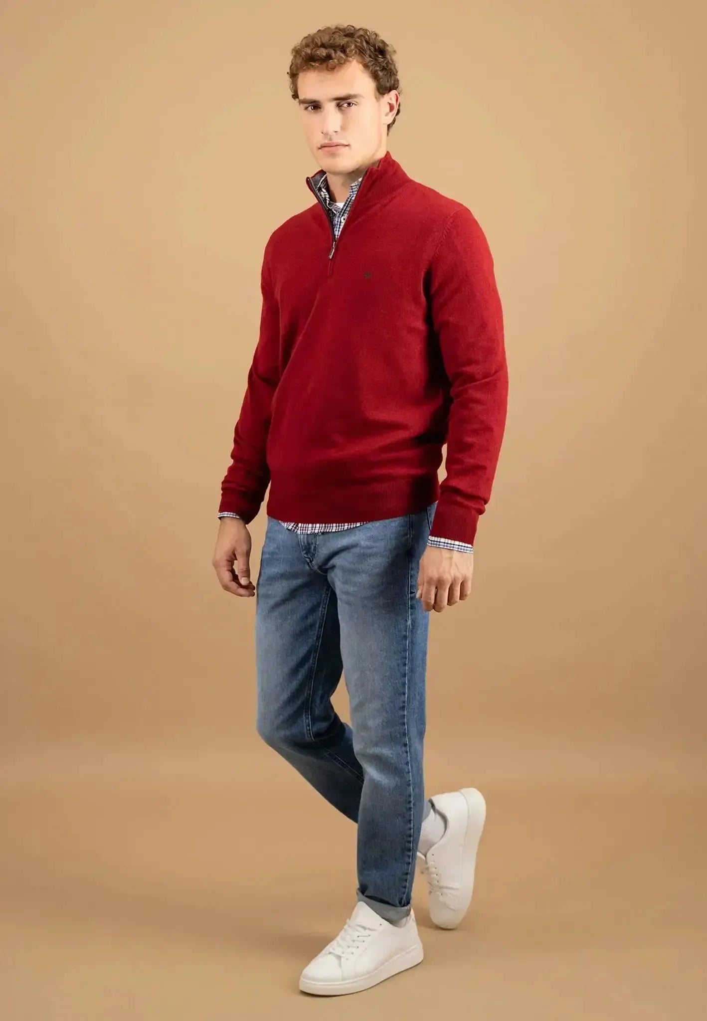 Fynch - Hatton Mens Merino Wool Cashmere 1/4 Zip Knit Garnet Red | Studio DOS