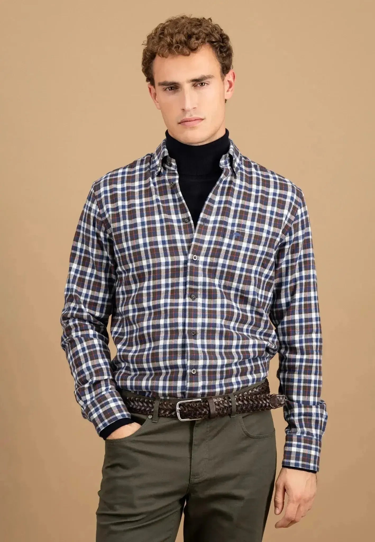 Fynch - Hatton Mens Premium Flannel Check Button Down Shirt Dark Chocolate | Studio DOS