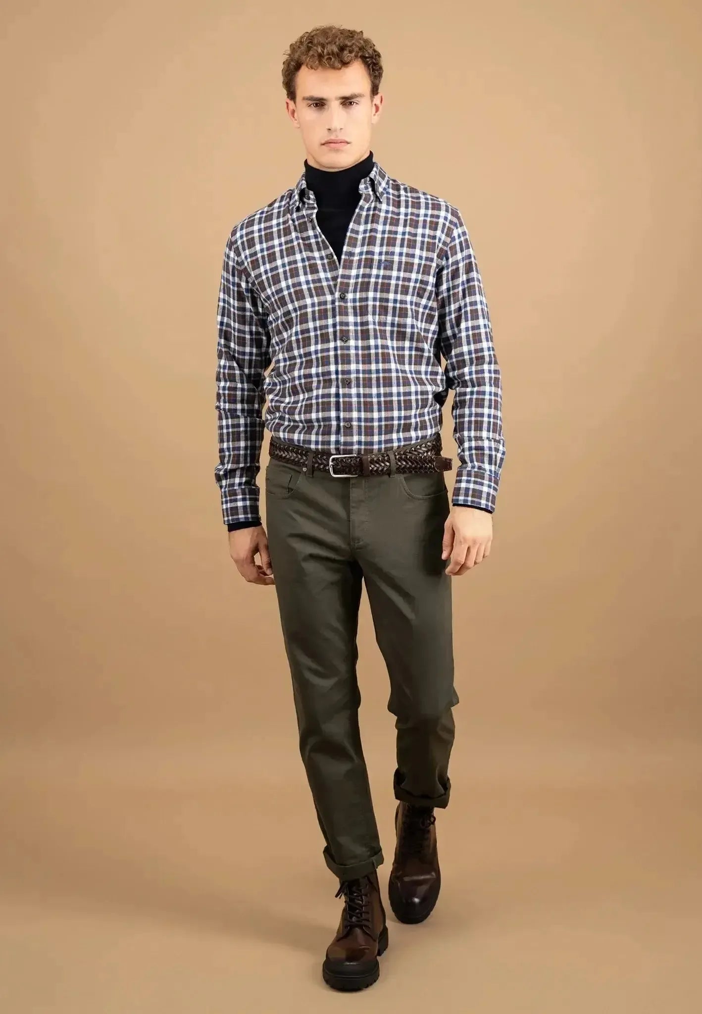 Fynch - Hatton Mens Premium Flannel Check Button Down Shirt Dark Chocolate | Studio DOS