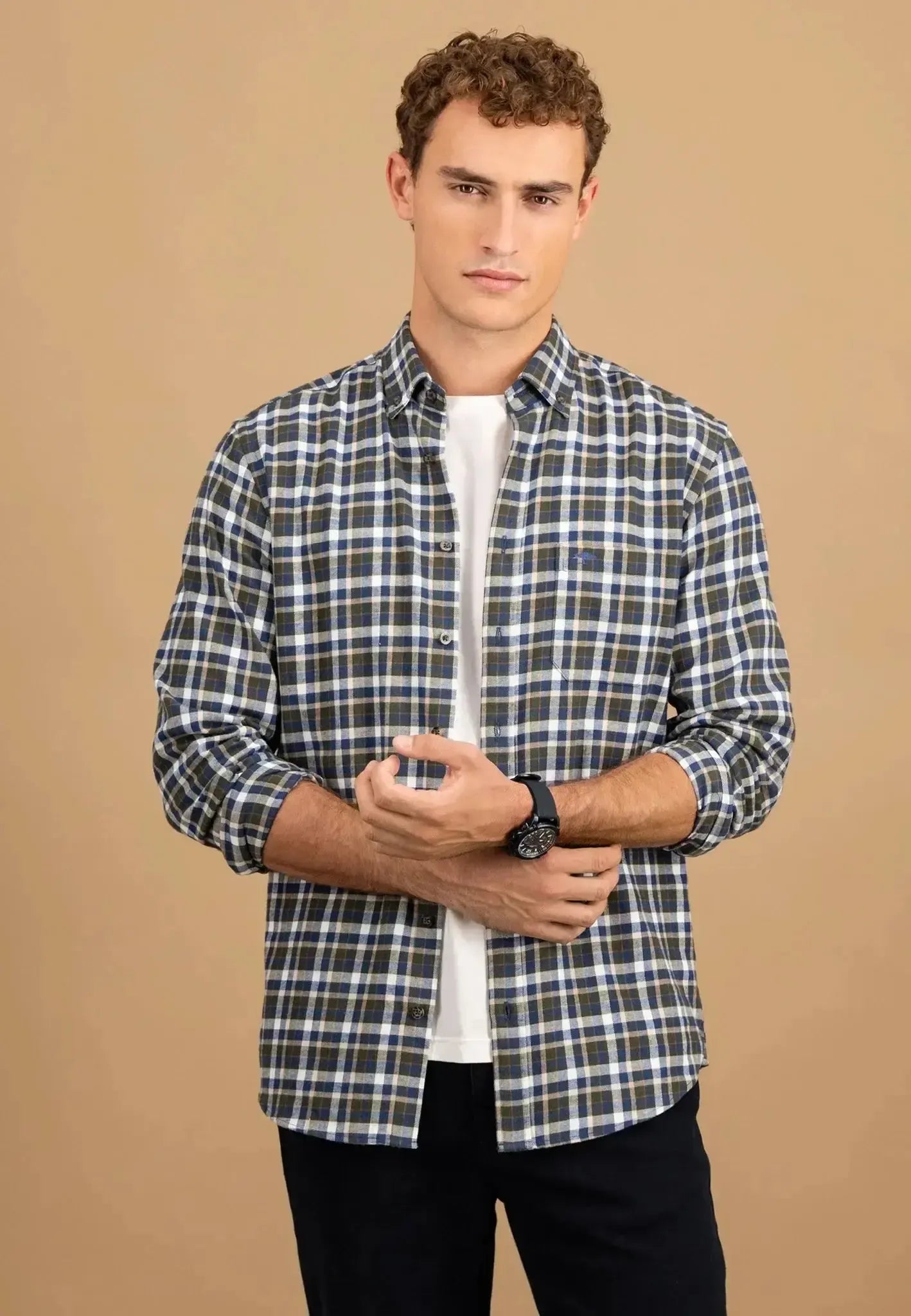 Fynch - Hatton Mens Premium Flannel Check Button Down Shirt Dark Ivy | Studio DOS