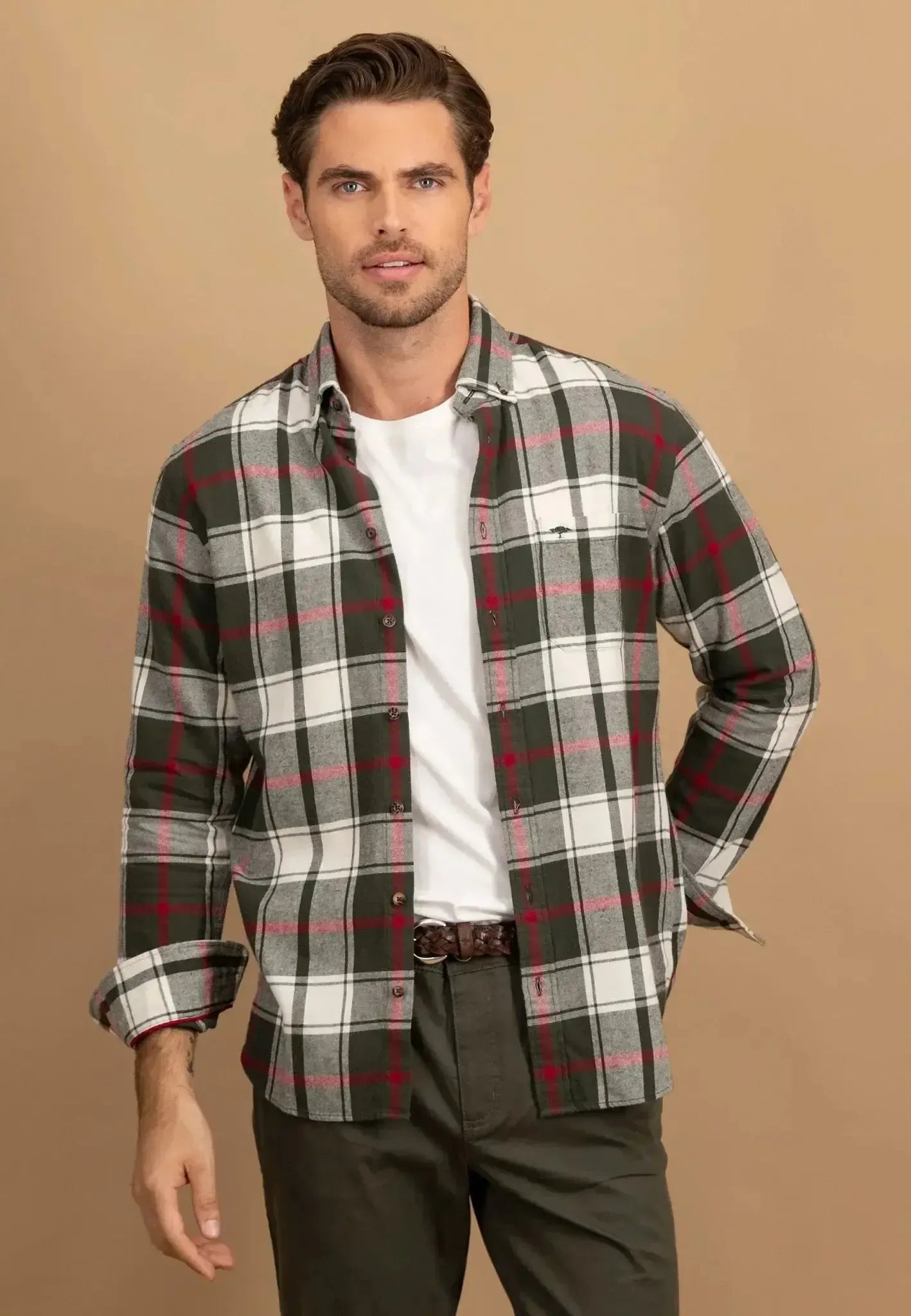 Fynch-Hatton Mens Premium Flannel Large Check Button Down Shirt Dark Ivy-Designer Outlet Sales