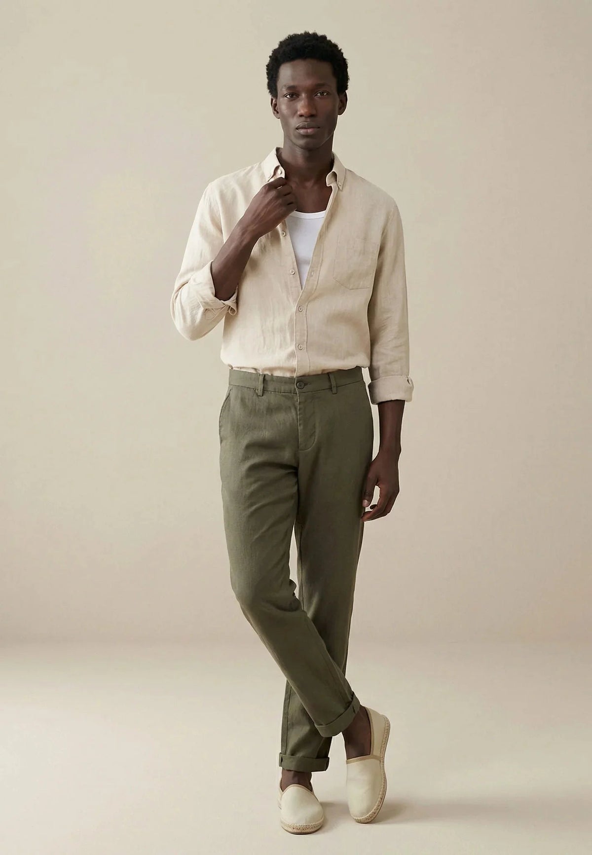 Fynch-Hatton Needle Stripe Linen Button Down Shirt Sand | Studio DOS