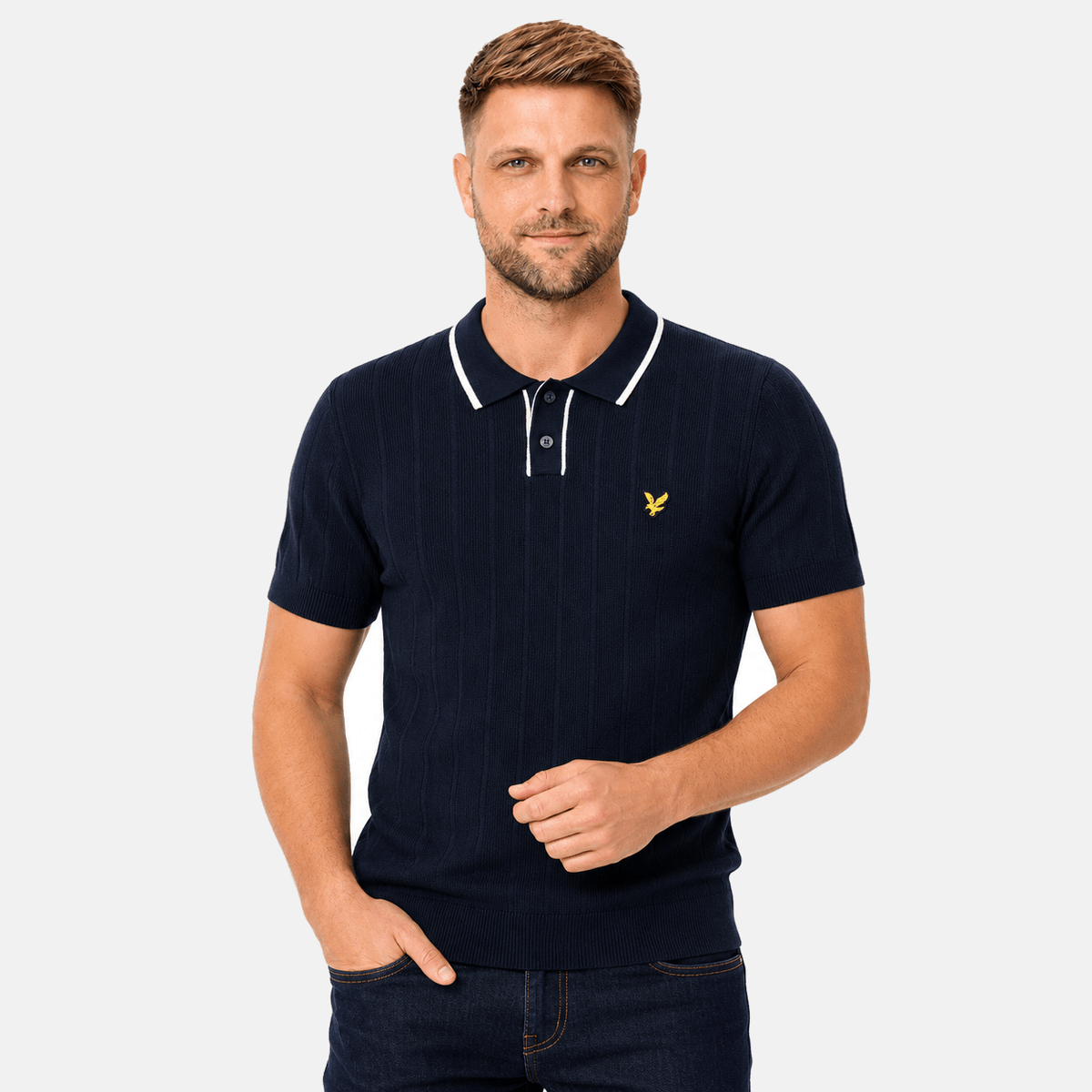 Lyle & Scott Pique Tipped Knitted Polo Shirt Dark Navy | Studio DOS
