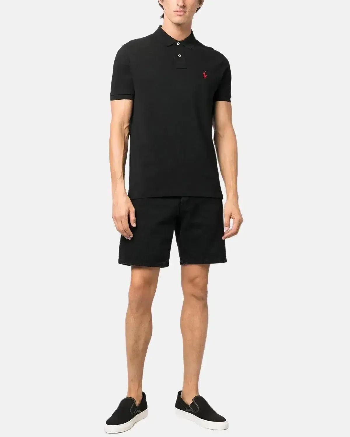 RALPH LAUREN MENS CUSTOM SLIM FIT MESH POLO SHIRT BLACK RED | Studio DOS