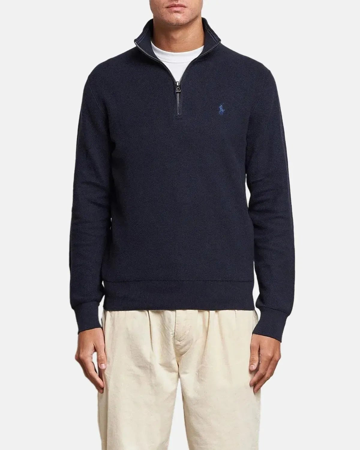 RALPH LAUREN MENS MESH KNIT COTTON 1/4 ZIP JUMPER HEATHER NAVY | Studio DOS
