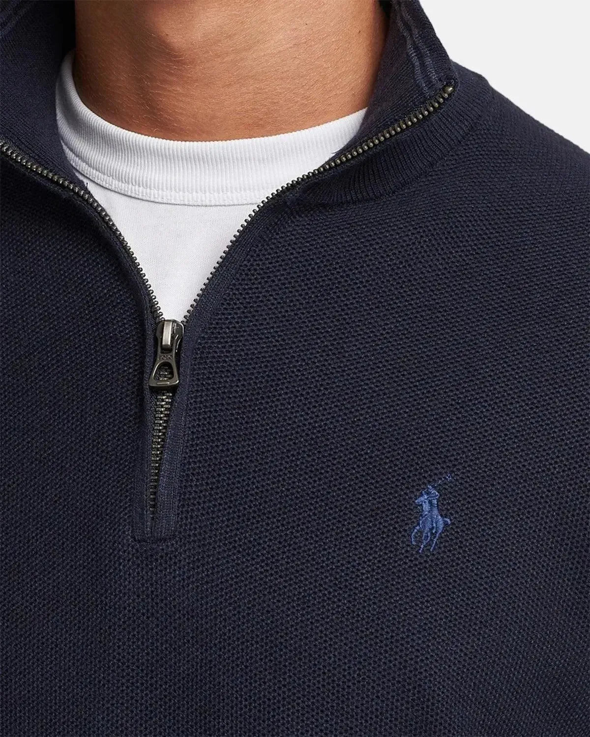 RALPH LAUREN MENS MESH KNIT COTTON 1/4 ZIP JUMPER HEATHER NAVY | Studio DOS