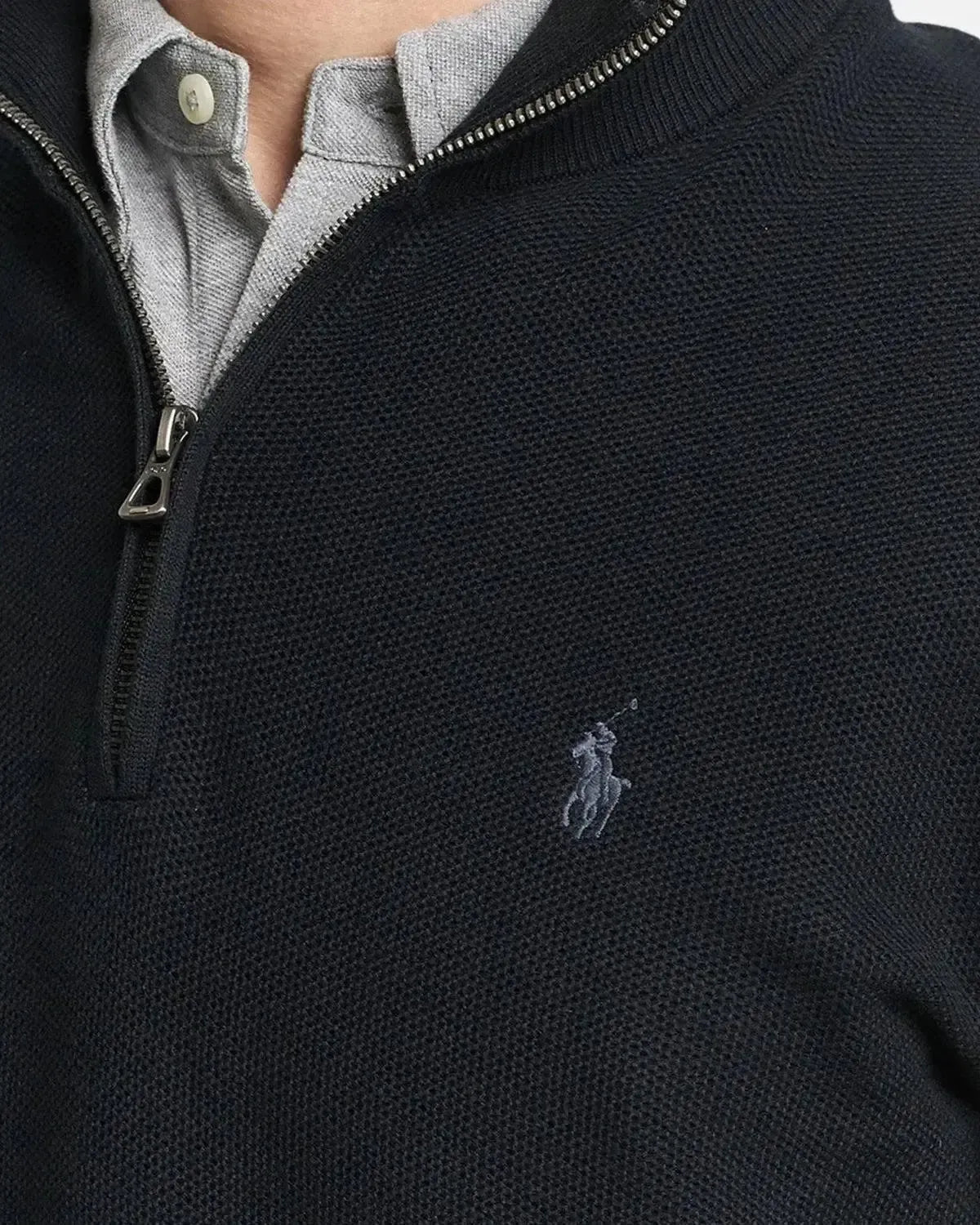 RALPH LAUREN MESH KNIT COTTON 1/4 ZIP KNIT BLACK | Studio DOS