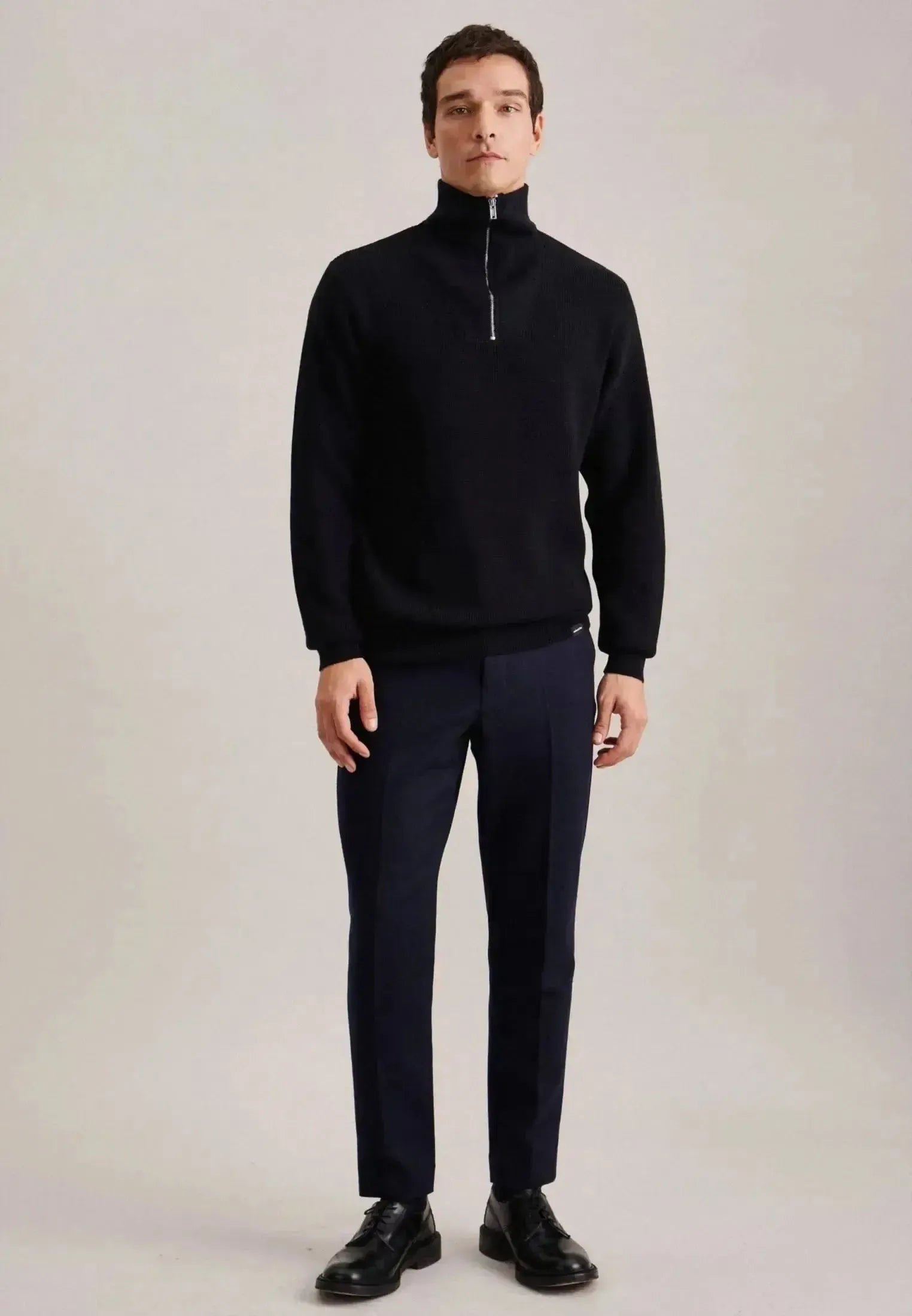 Seidensticker Mens Merino Wool Stand Collar 1/4 Zip Knit Dark Blue | Studio DOS