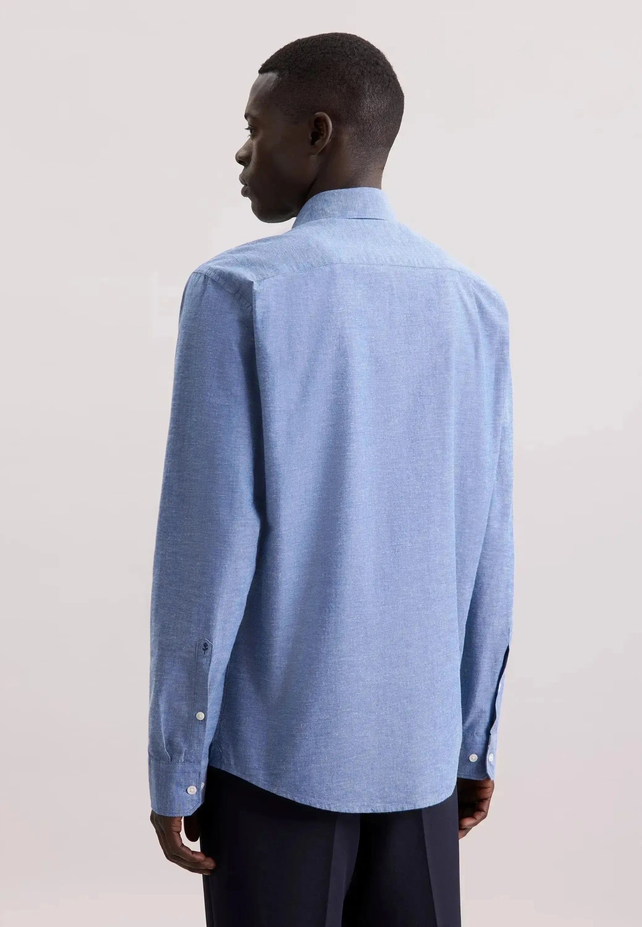 Seidensticker Mens Regular Fit Button Down Linen Blend Chambray Shirt Mid Blue | Studio DOS