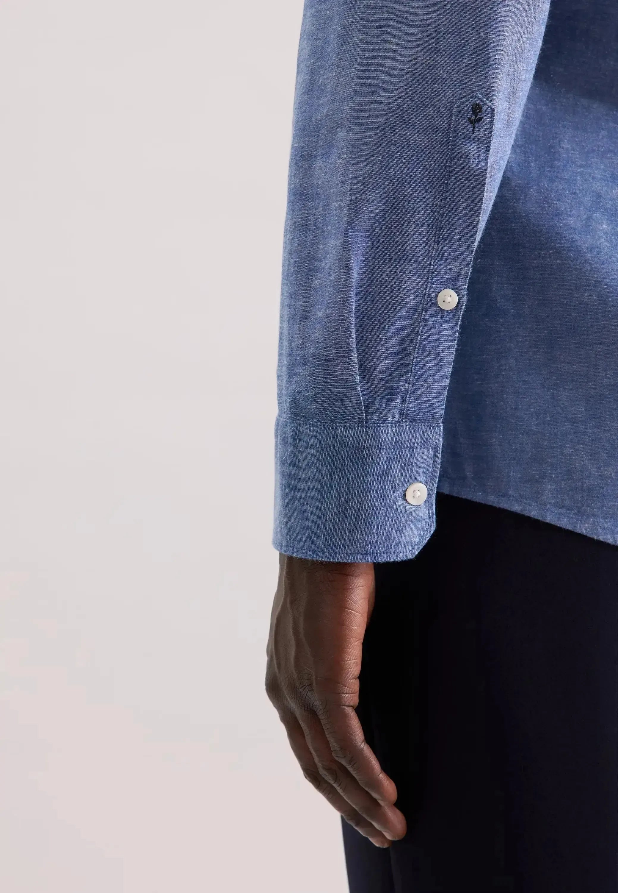 Seidensticker Mens Regular Fit Button Down Linen Blend Chambray Shirt Mid Blue | Studio DOS