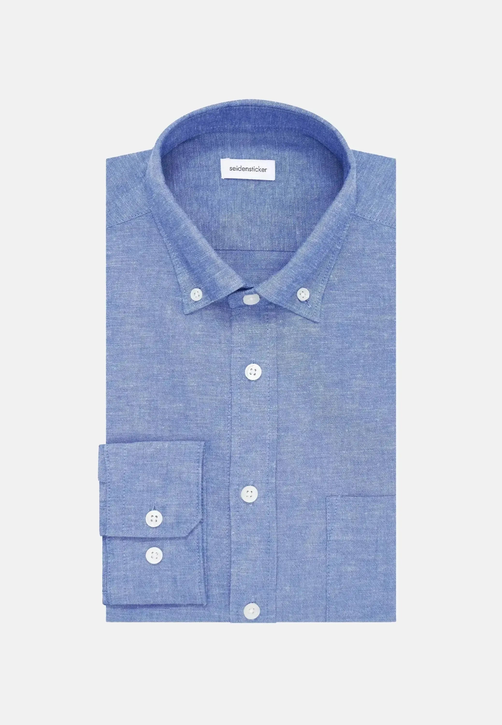 Seidensticker Mens Regular Fit Button Down Linen Blend Chambray Shirt Mid Blue | Studio DOS