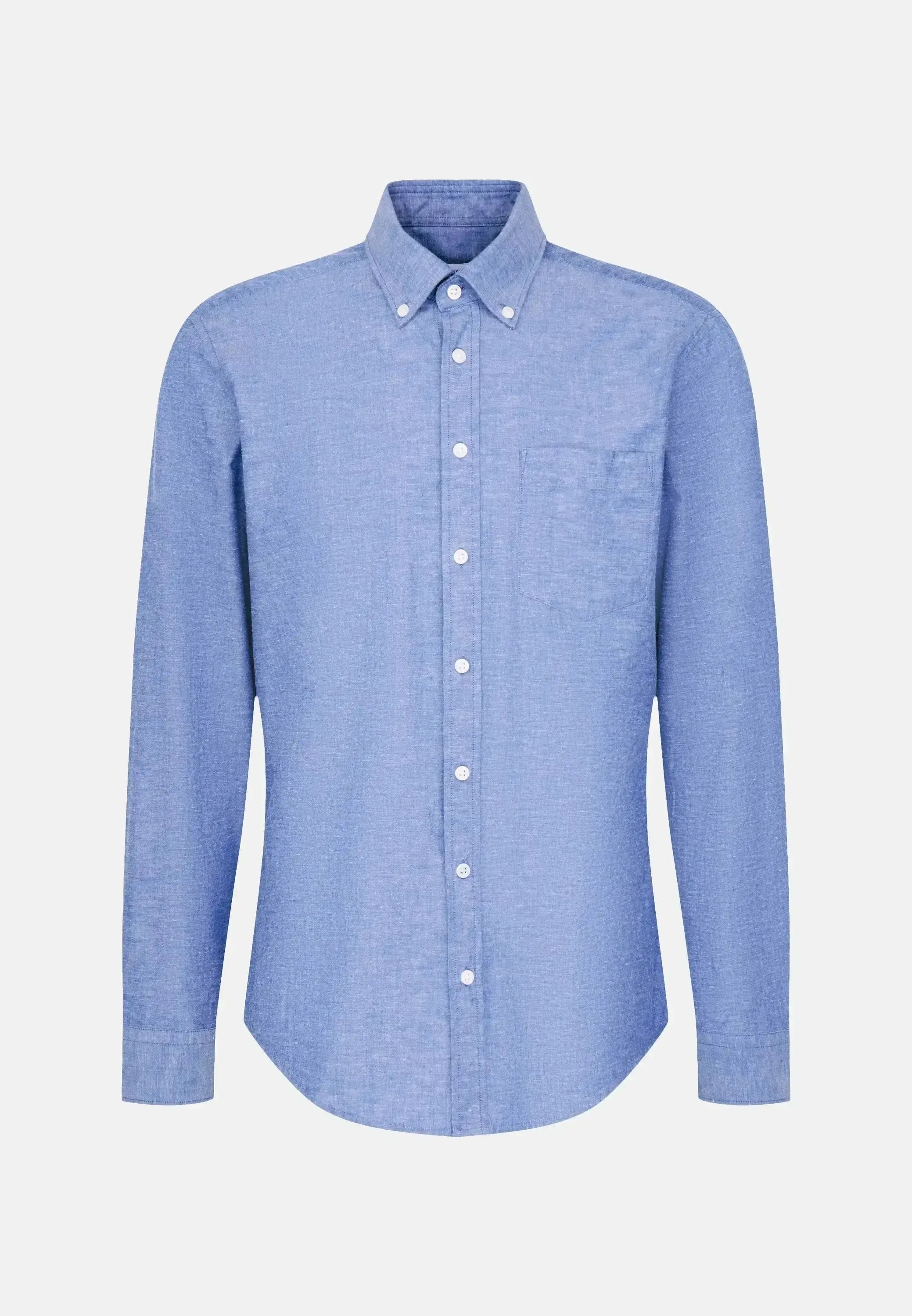 Seidensticker Mens Regular Fit Button Down Linen Blend Chambray Shirt Mid Blue | Studio DOS