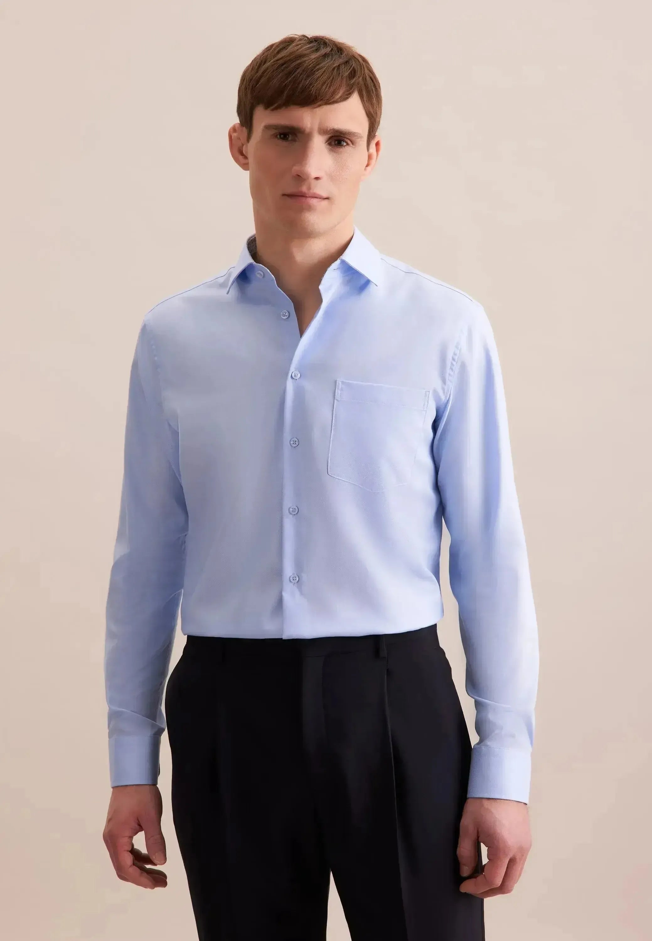 Seidensticker Mens Regular Fit No Iron Business Kent Contrast Patch Business Shirt Light Blue | Studio DOS