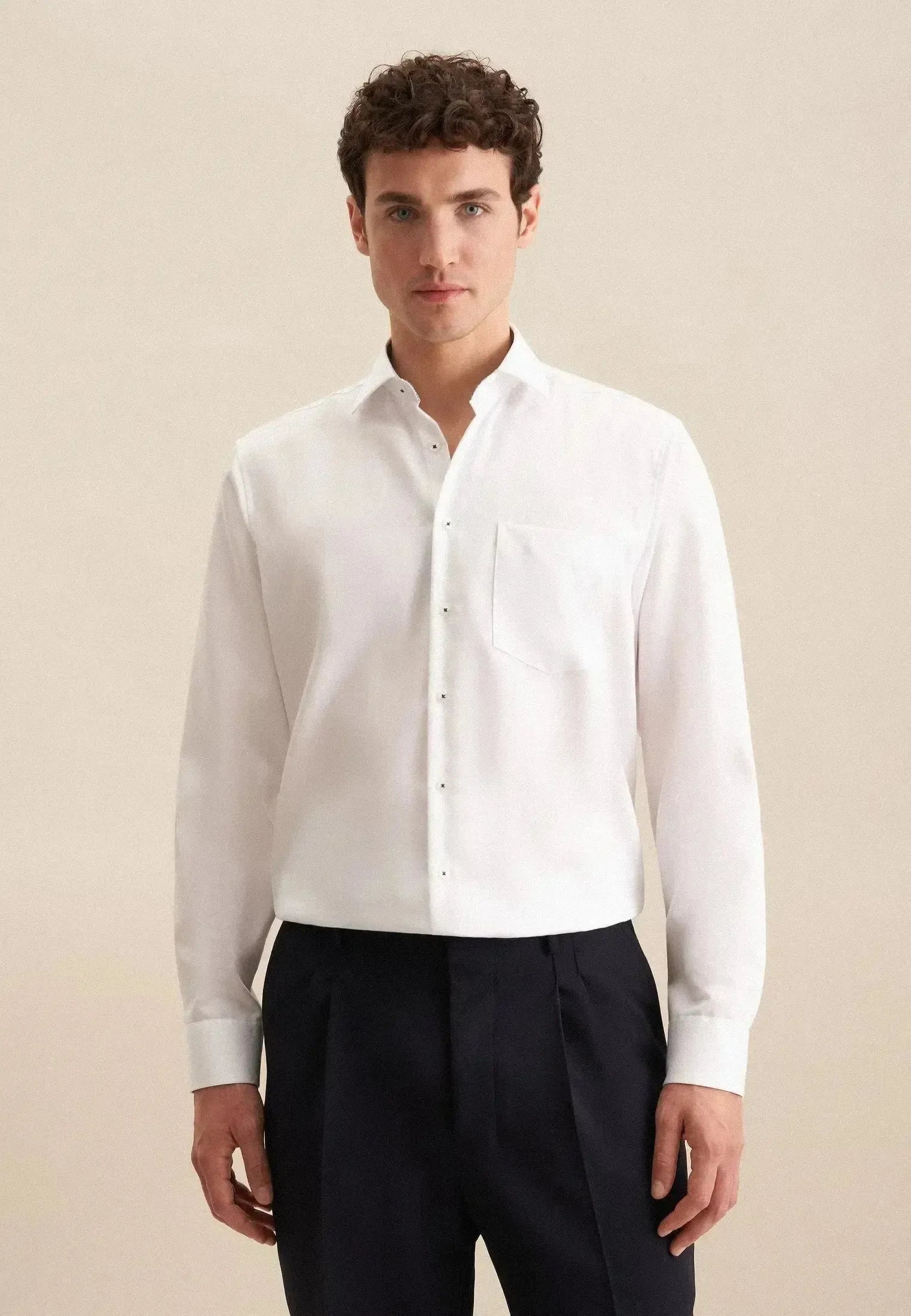 Seidensticker Mens Regular Fit No Iron Business Kent Contrast Patch Business Shirt White | Studio DOS