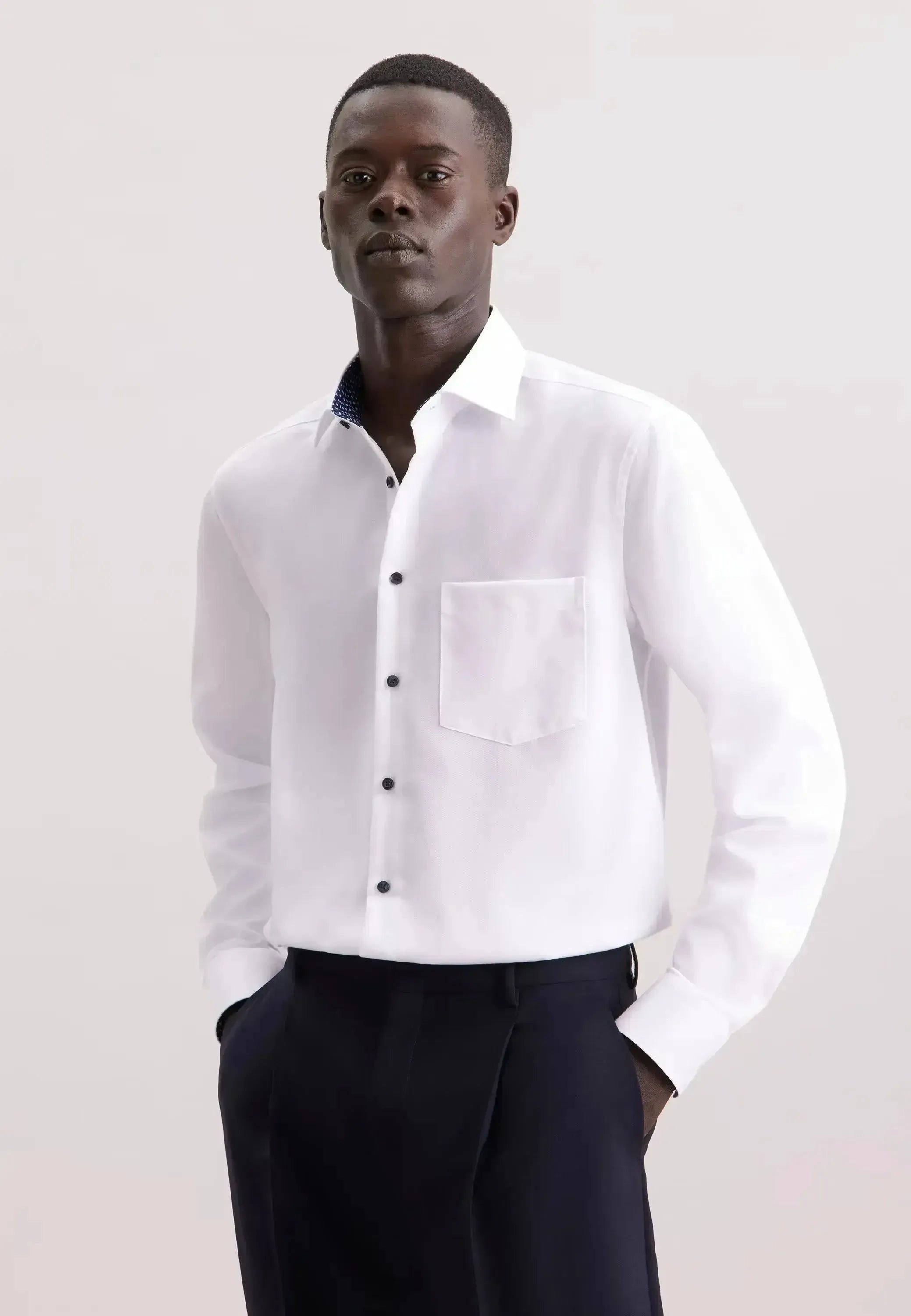 Seidensticker Mens Regular Fit No Iron Contrast Kent Collar Business Shirt White | Studio DOS