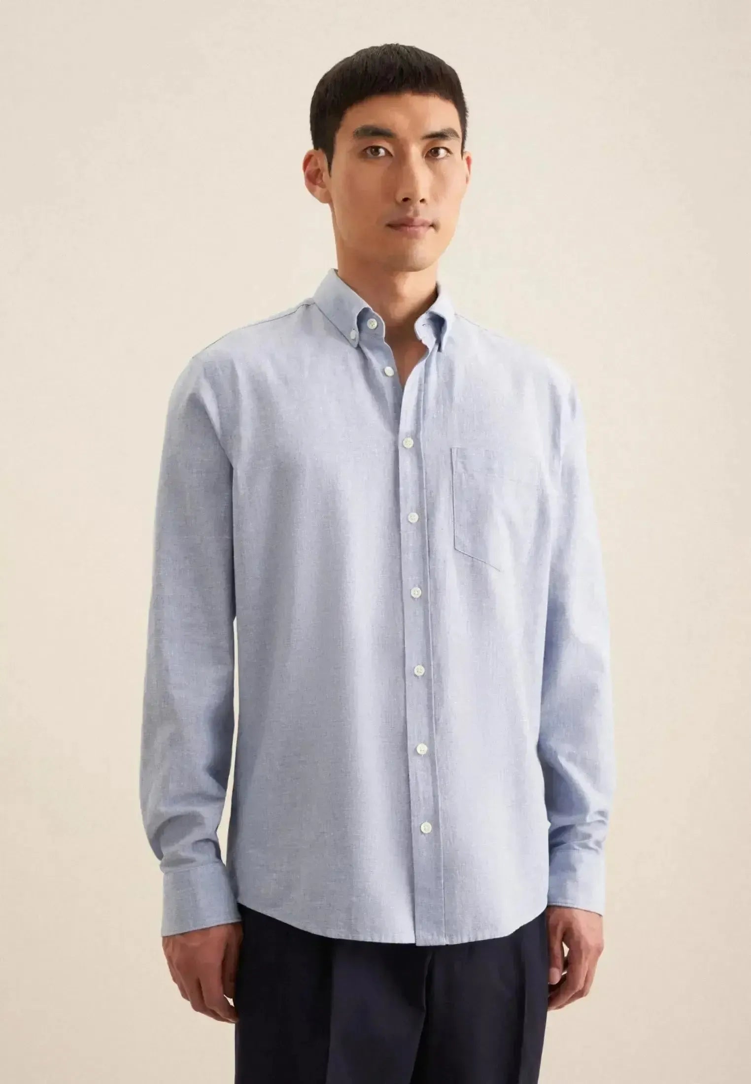 Seidensticker Mens Seidensticker Mens Regular Fit Button Down Linen Blend Chambray Shirt Light Blue | Studio DOS