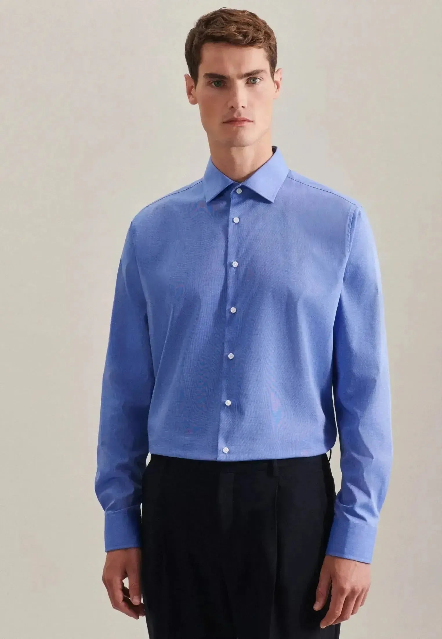 Seidensticker Mens Shaped Fit No Iron Kent Collar Business Shirt Mid Blue | Studio DOS