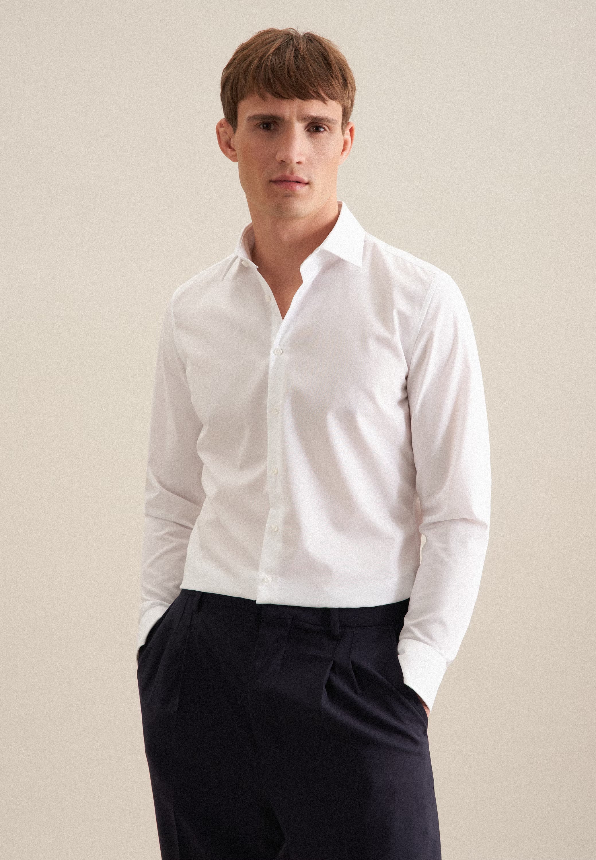 Seidensticker Mens Shaped Fit No Iron Kent Collar Business Shirt White | Studio DOS