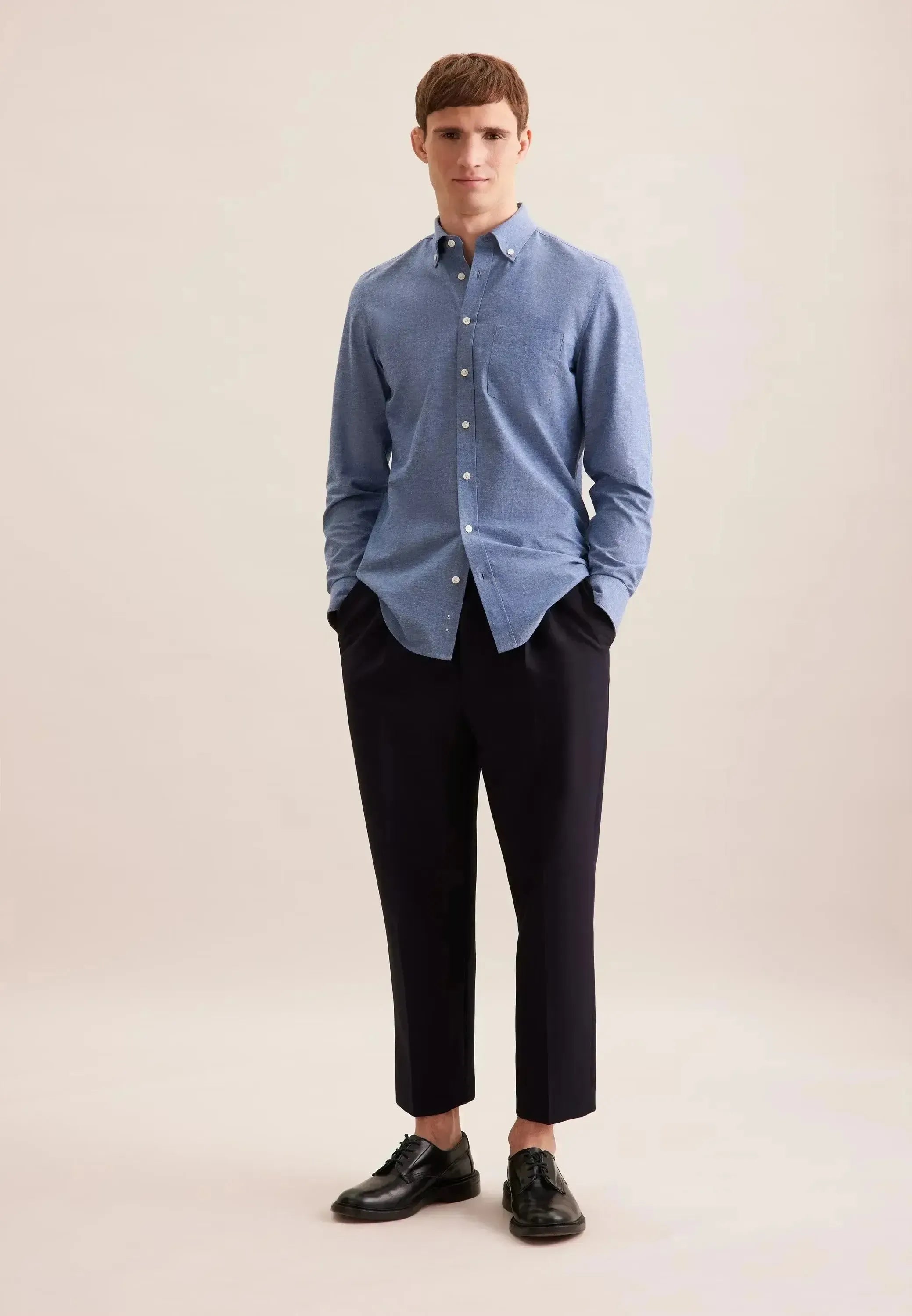 Seidensticker Mens Slim Fit Button Down Linen Blend Chambray Shirt Mid Blue | Studio DOS