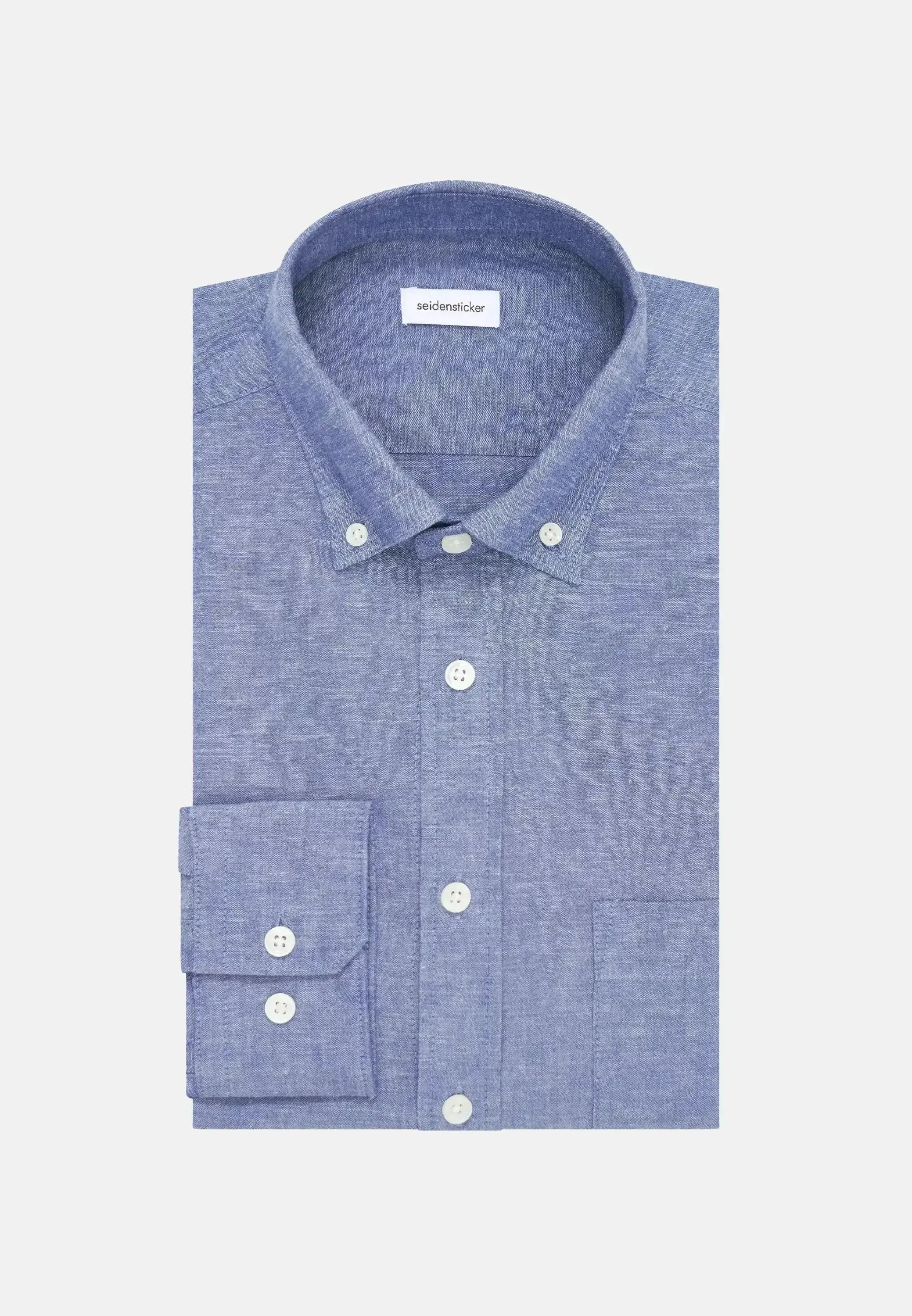 Seidensticker Mens Slim Fit Button Down Linen Blend Chambray Shirt Mid Blue | Studio DOS