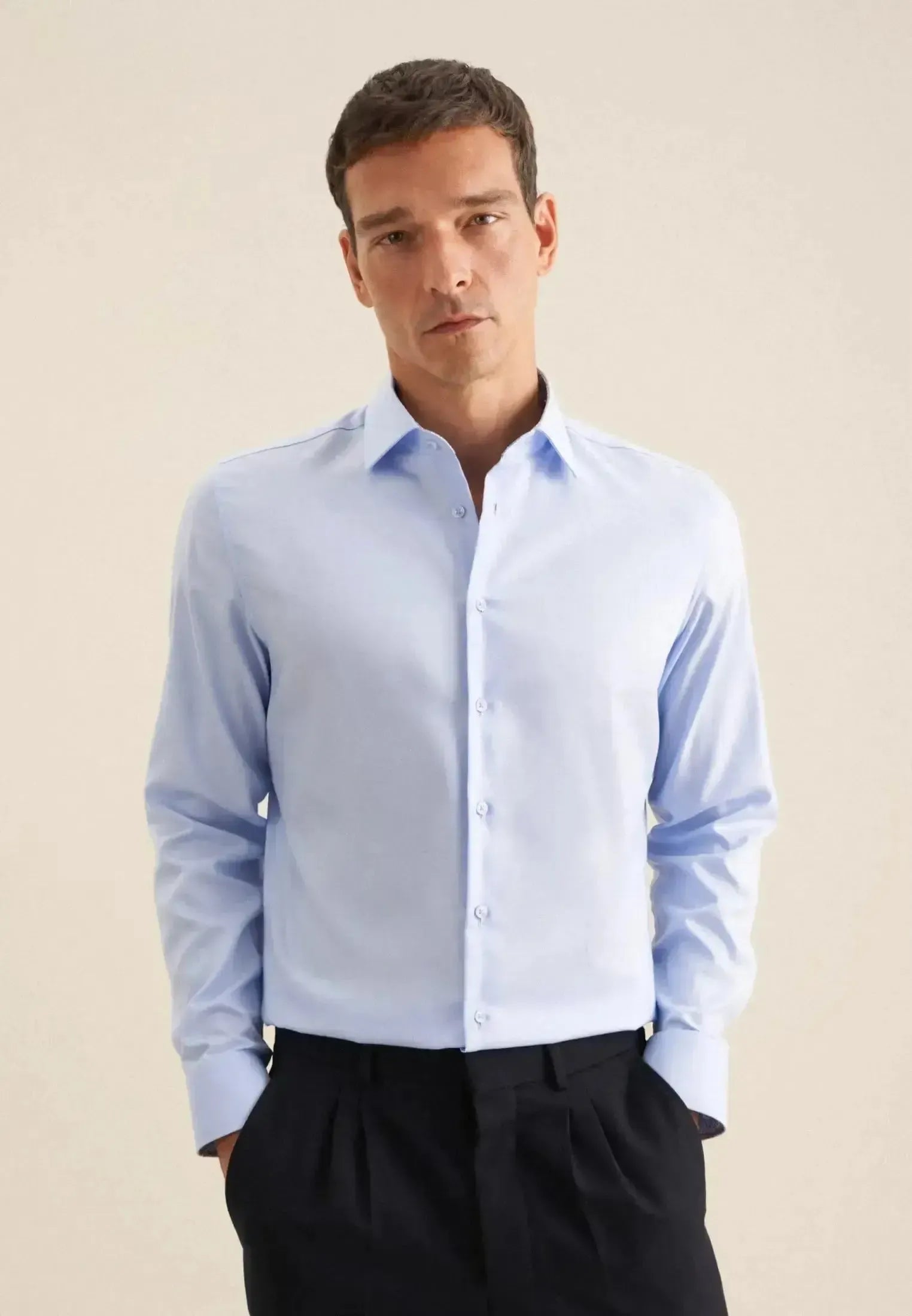 Seidensticker Mens Slim Fit Easy Iron Business Kent Contrast Patch Business Shirt Light Blue | Studio DOS