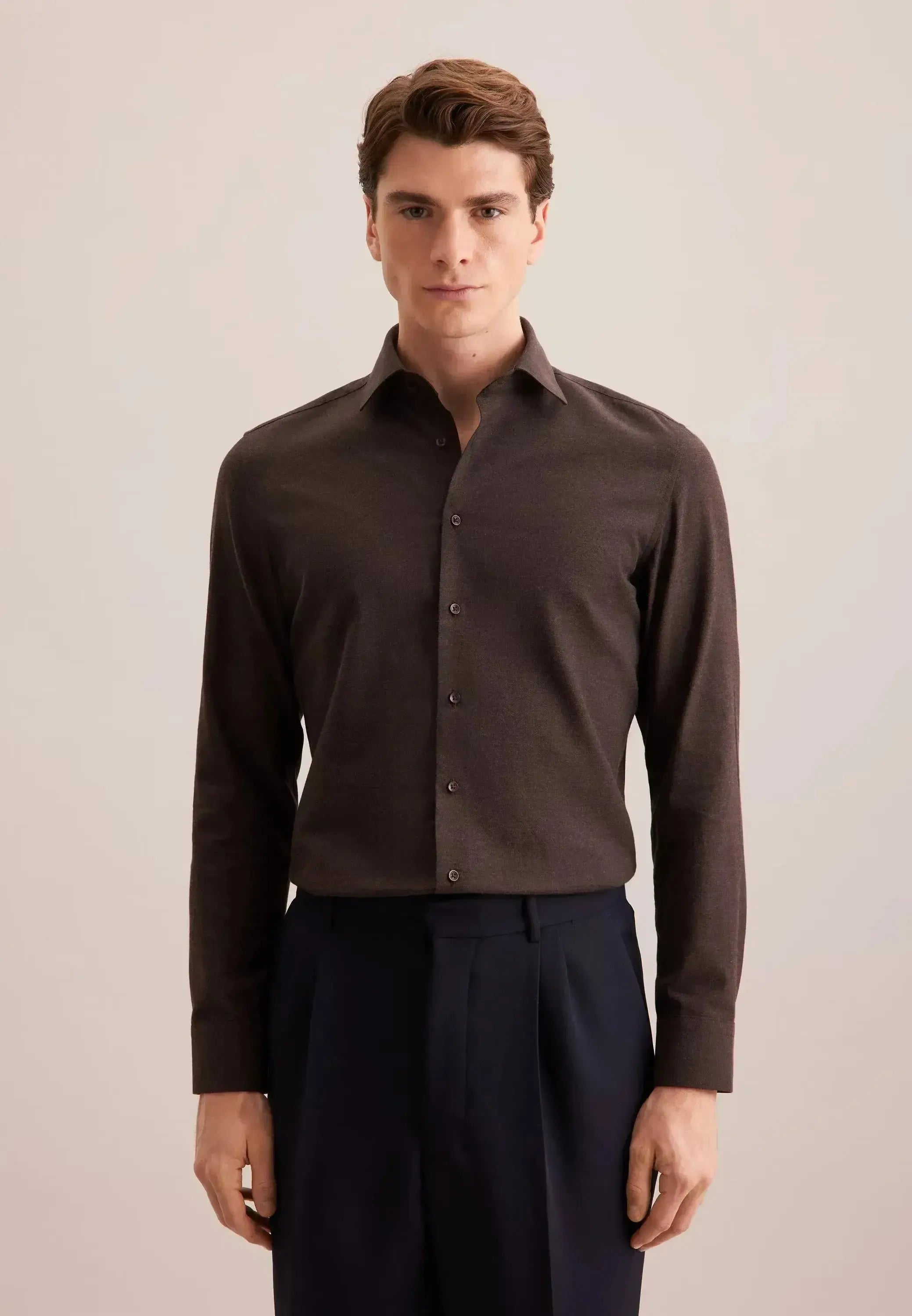 Seidensticker Mens Slim Fit New Kent Flannel Shirt Brown | Studio DOS