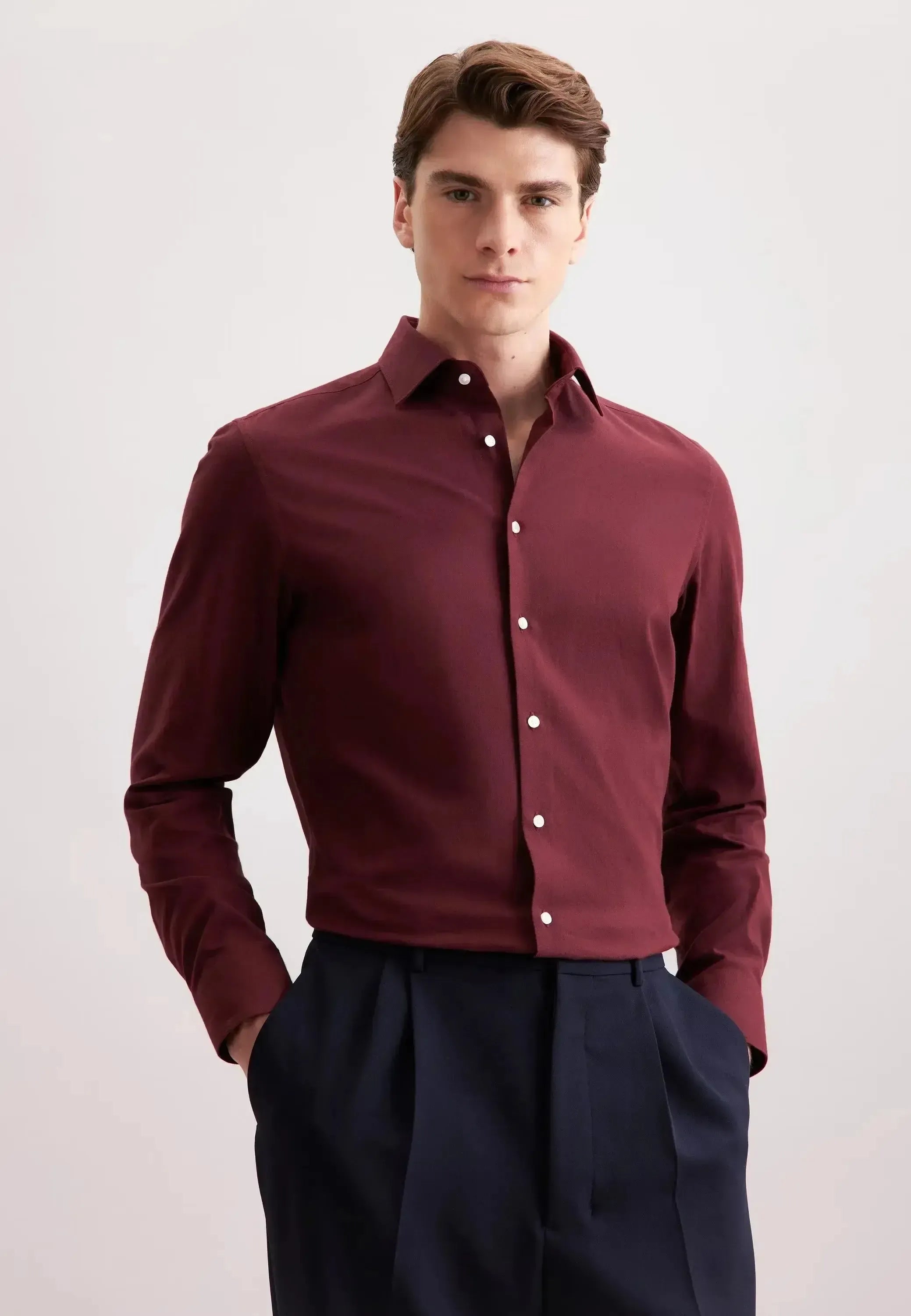 Seidensticker Mens Slim Fit New Kent Flannel Shirt Burgundy | Studio DOS