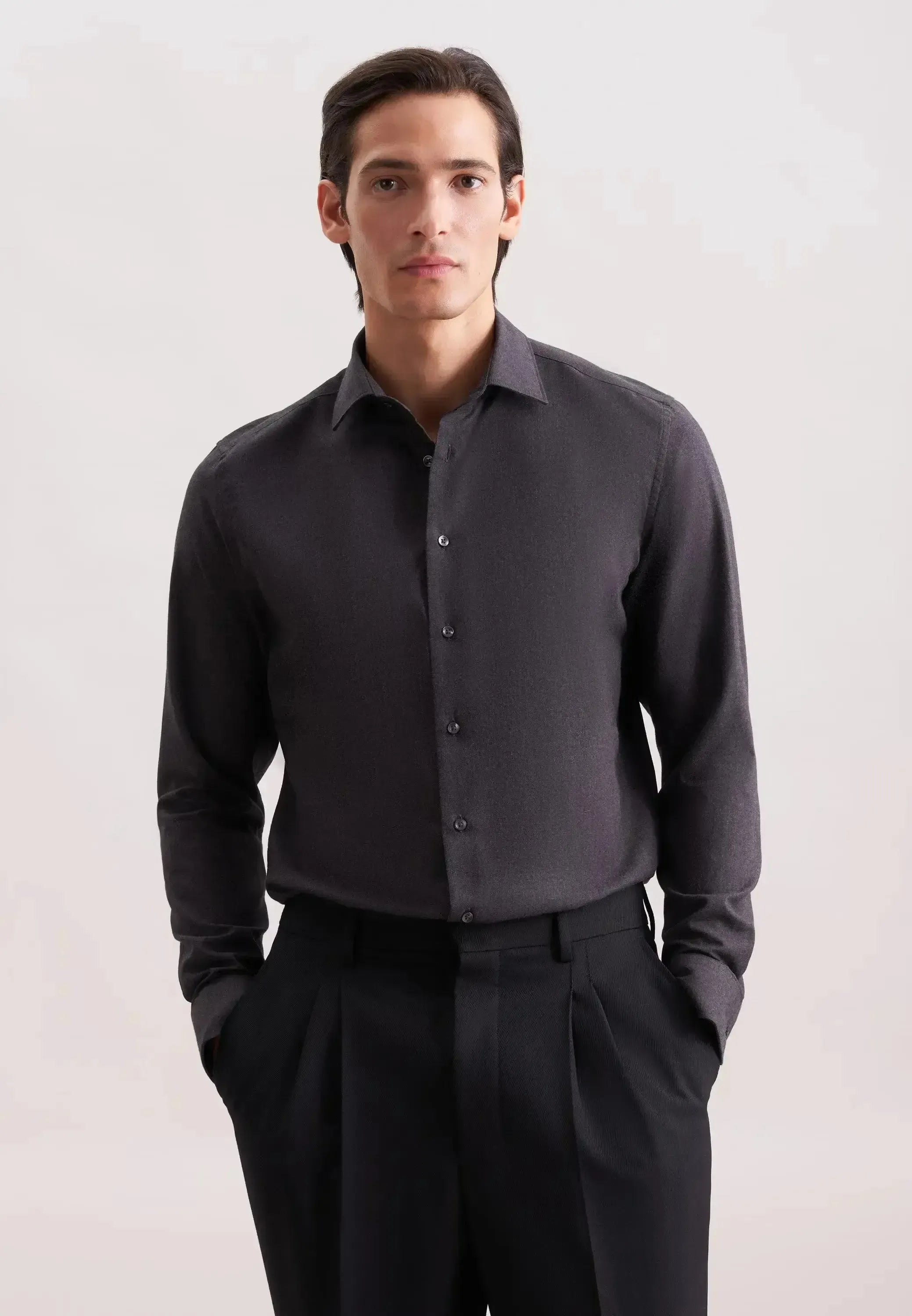 Seidensticker Mens Slim Fit New Kent Flannel Shirt Grey | Studio DOS