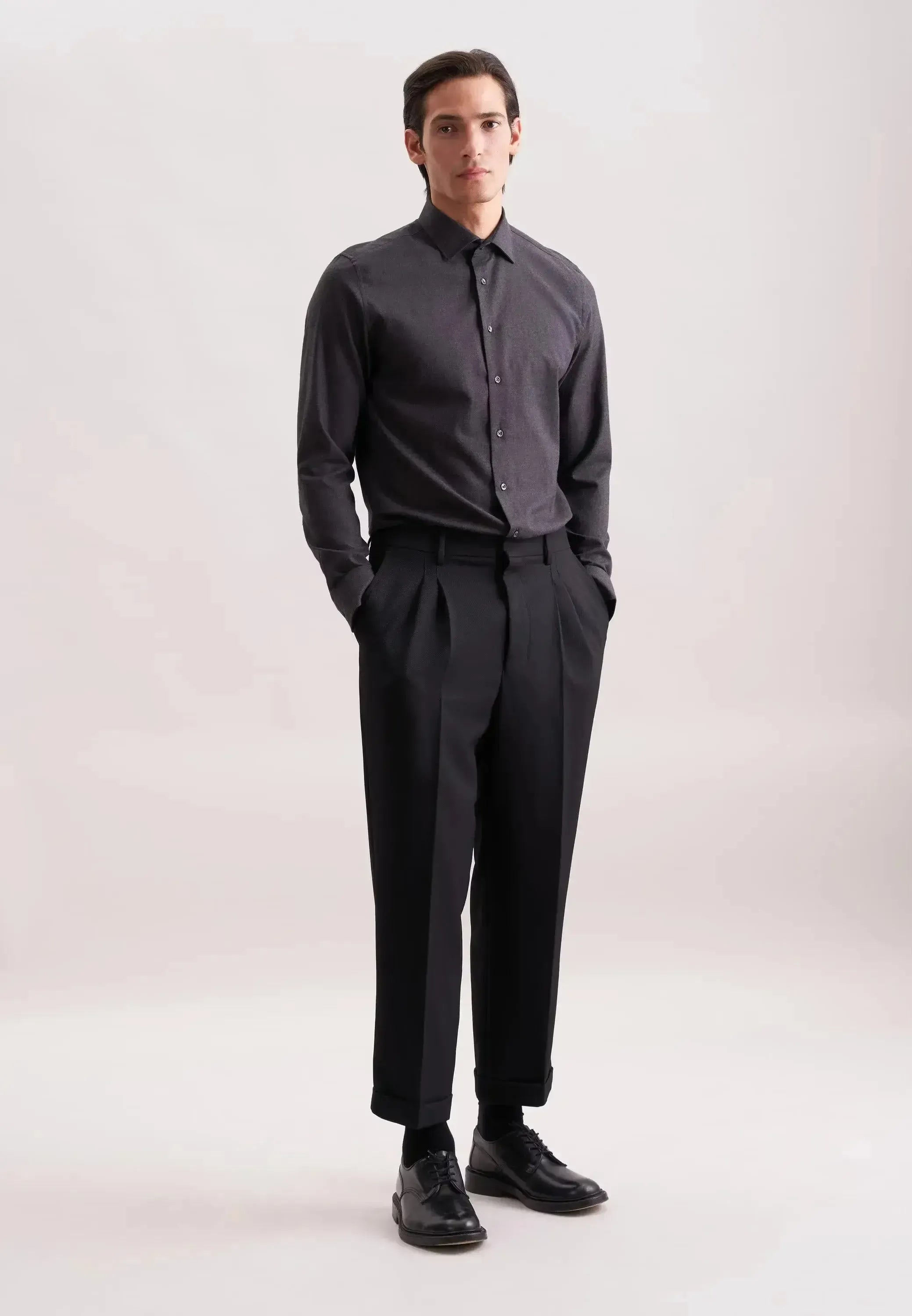 Seidensticker Mens Slim Fit New Kent Flannel Shirt Grey | Studio DOS
