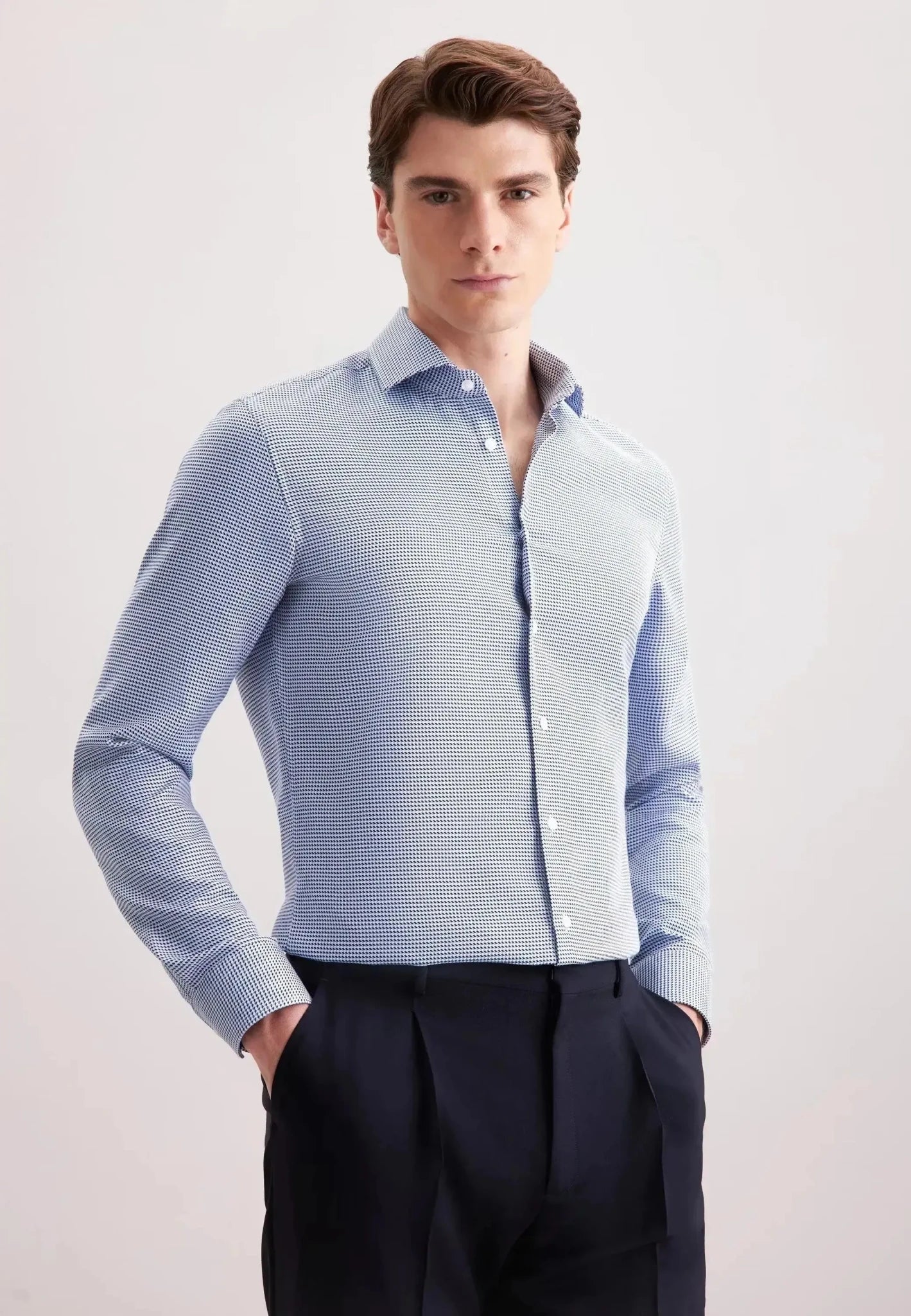 Seidensticker Slim Fit No Iron Spread Kent Pepita Business Shirt Mid Blue | Studio DOS