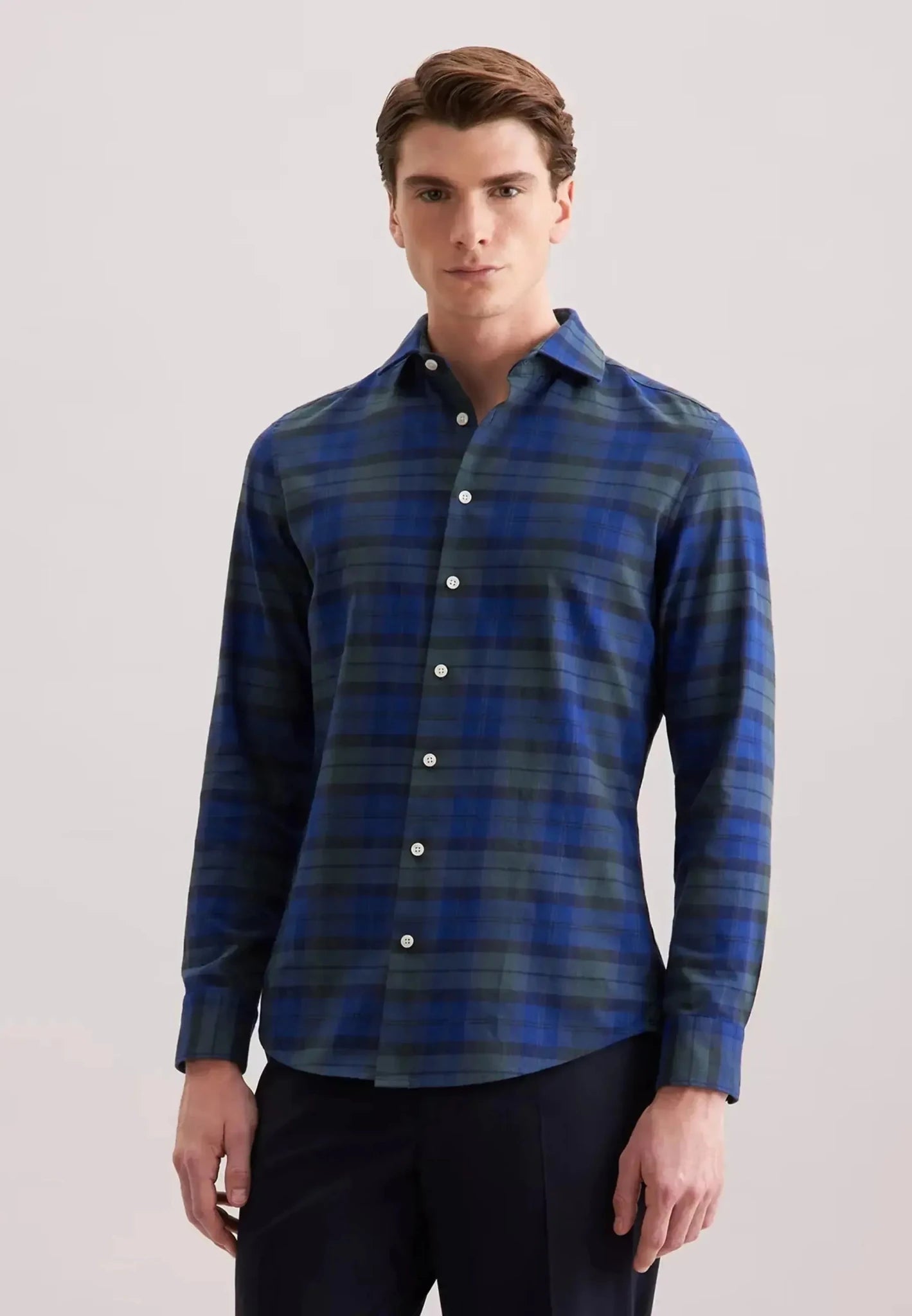 Seidensticker Slim Fit Spread Kent Check Flannel Shirt Dark Blue | Studio DOS
