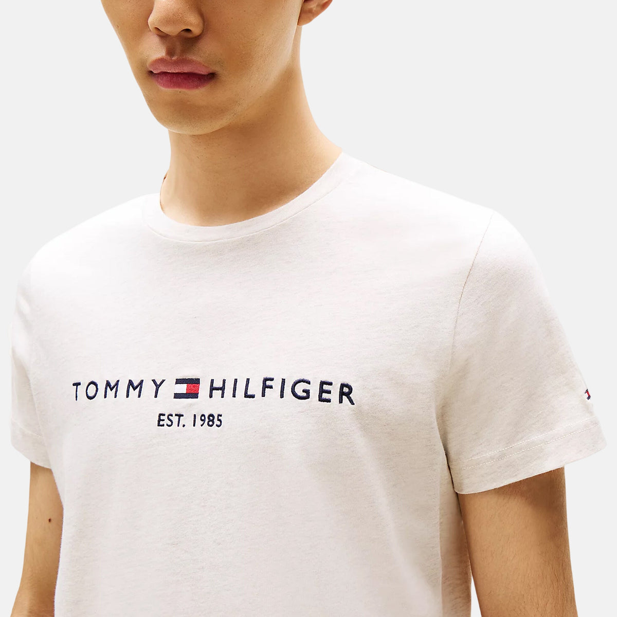 Tommy Hilfiger Mens Slim Logo Embroidery T-Shirt Heathered Oatmilk | Studio DOS