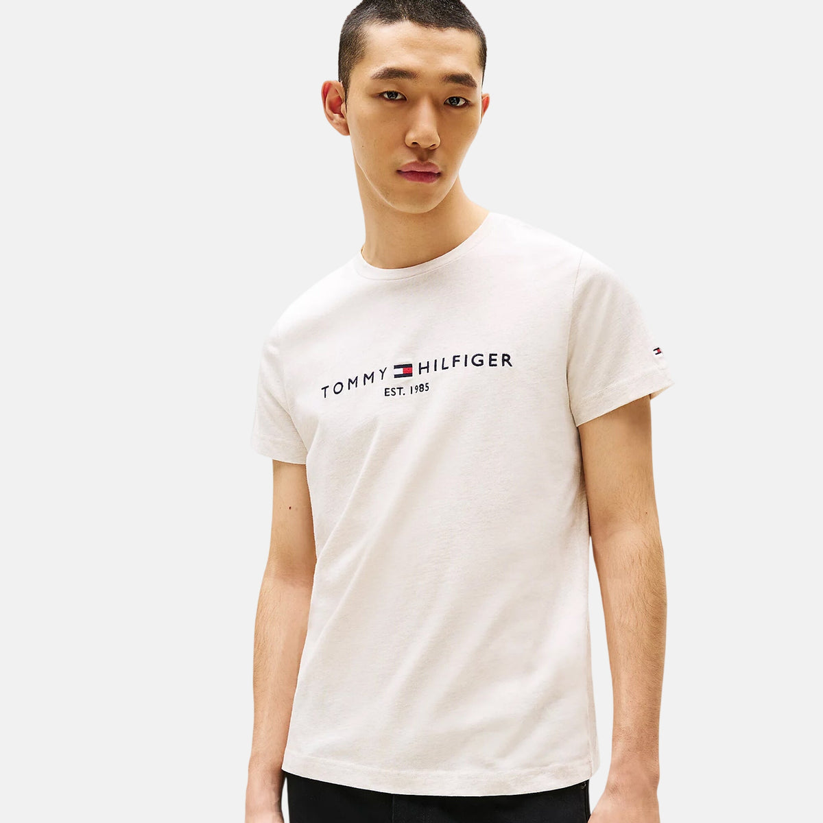Tommy Hilfiger Mens Slim Logo Embroidery T-Shirt Heathered Oatmilk | Studio DOS