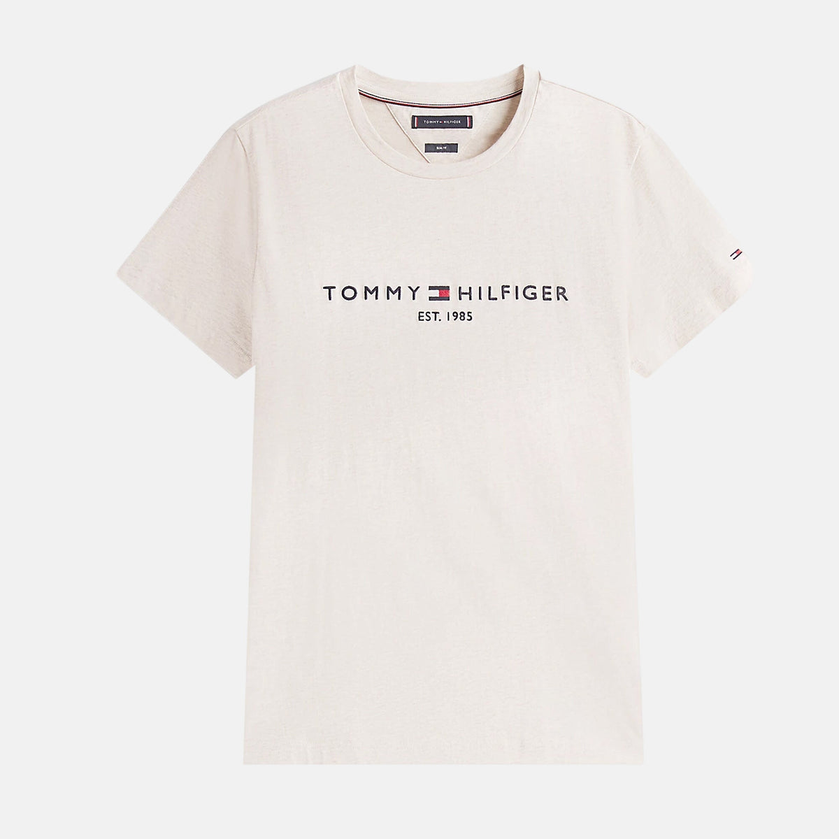 Tommy Hilfiger Mens Slim Logo Embroidery T-Shirt Heathered Oatmilk | Studio DOS