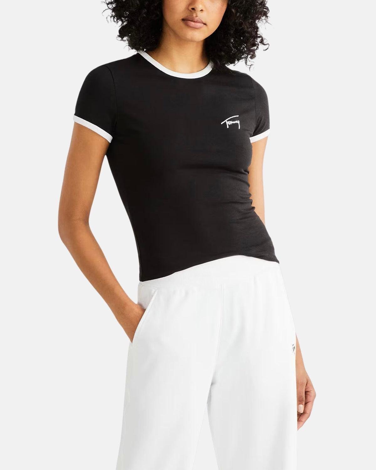 TOMMY HILFIGER WOMENS TJ SCRIPT RINGER T - SHIRT BLACK | Studio DOS